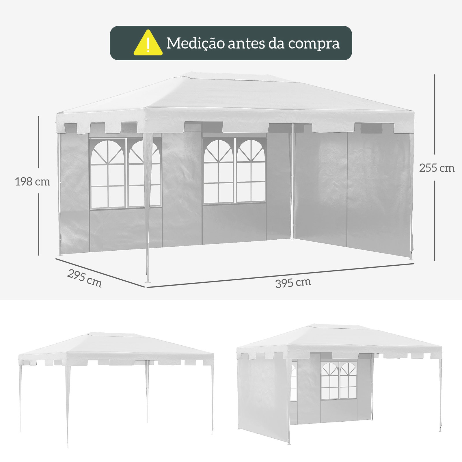Tenda de jardim 395x295x255 cm tenda de exterior com 2 paredes laterais 2 janelas anti-UV para pátio varanda branco