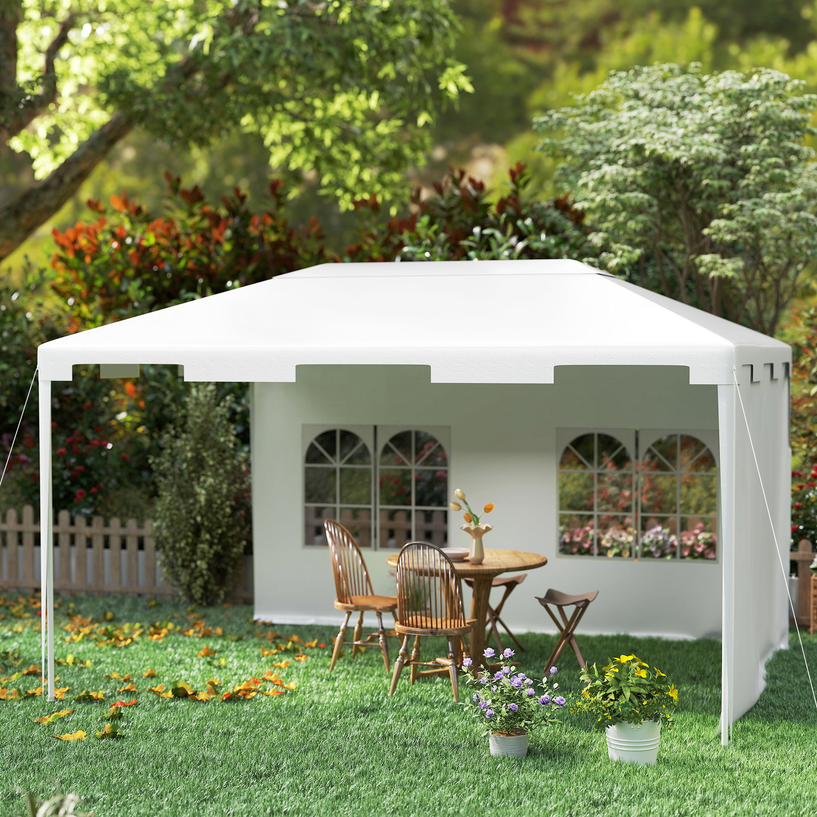 Tenda de jardim 395x295x255 cm tenda de exterior com 2 paredes laterais 2 janelas anti-UV para pátio varanda branco