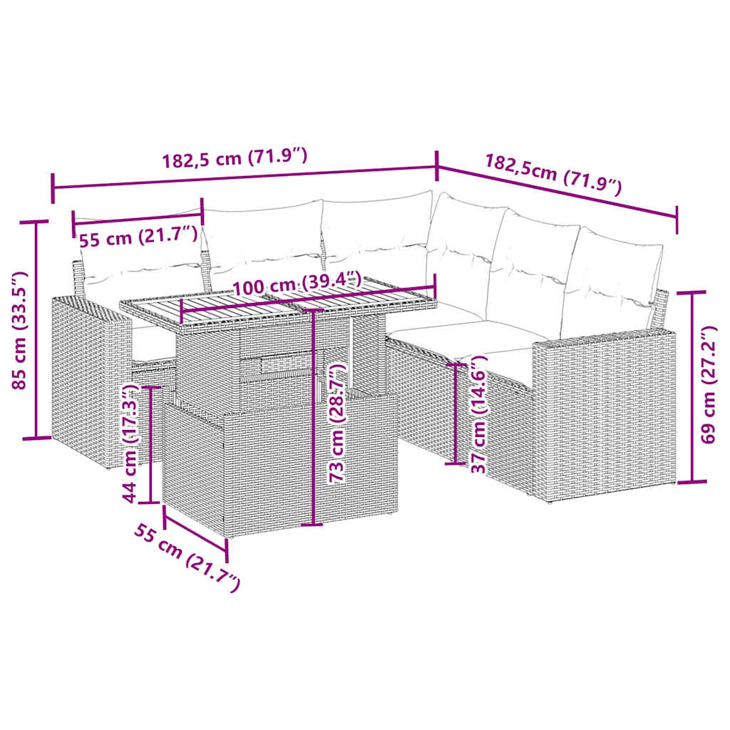 6 Pcs conjunto de sofás p/ jardim com almofadões vime PE bege