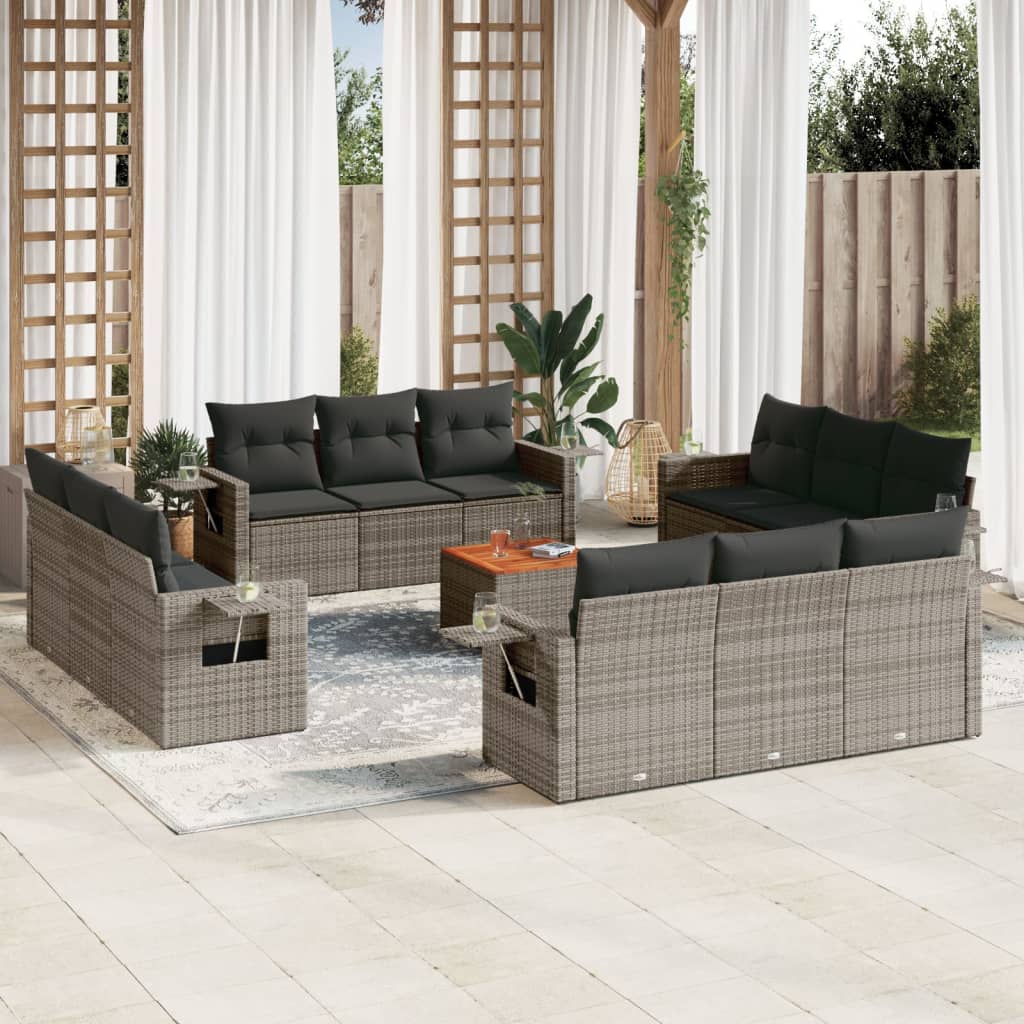 13 Pcs conjunto sofás p/ jardim c/ almofadões vime PE cinzento