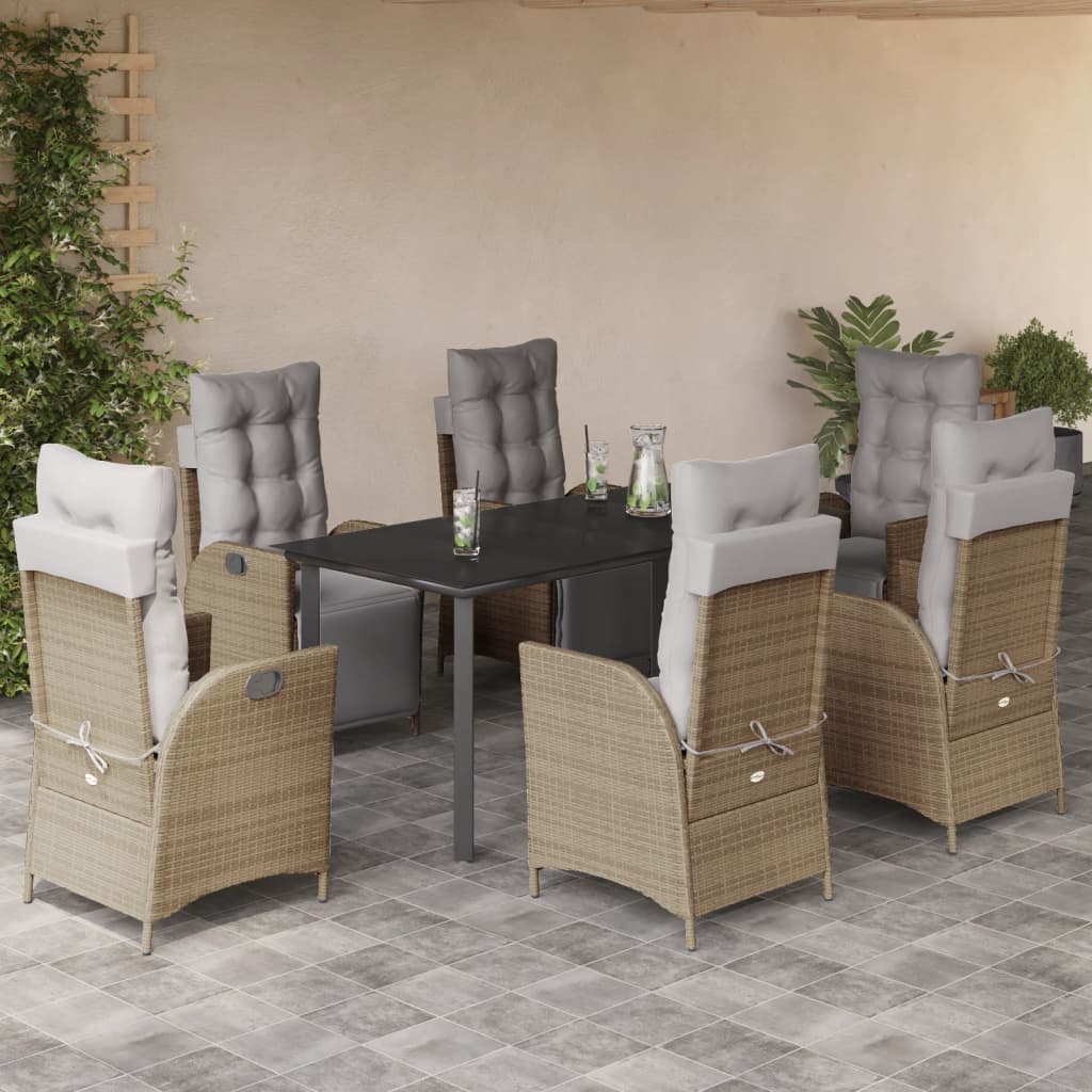 7 Pcs conj. jantar jardim c/ almofadões vime PE bege misturado