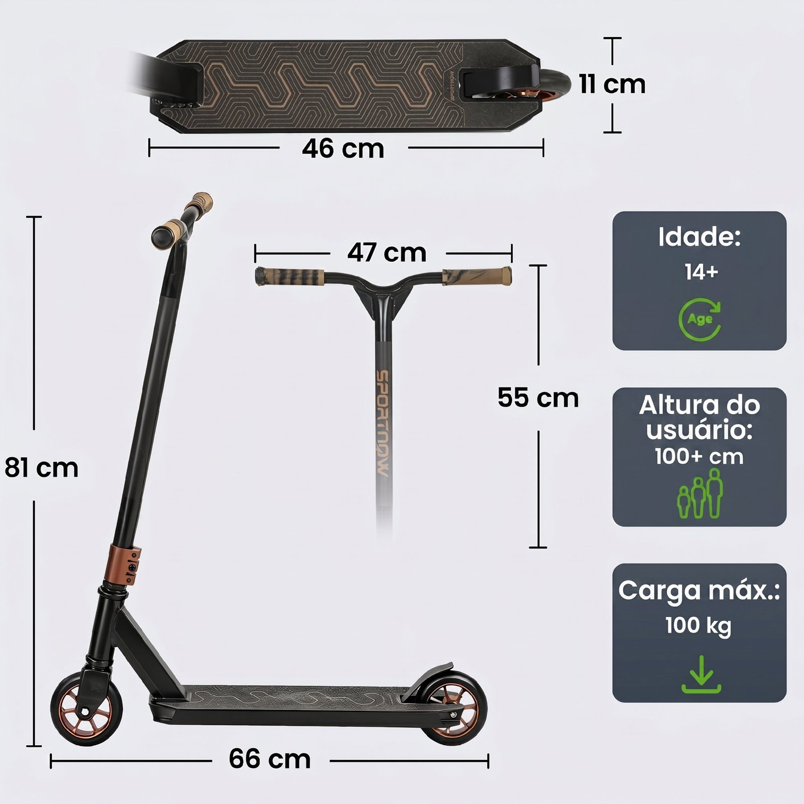 Trotinete acrobática com guiador 360° rolamentos abec-9 rodas de pu de 120 mm estrutura de alumínio 66x47x81 cm dourado