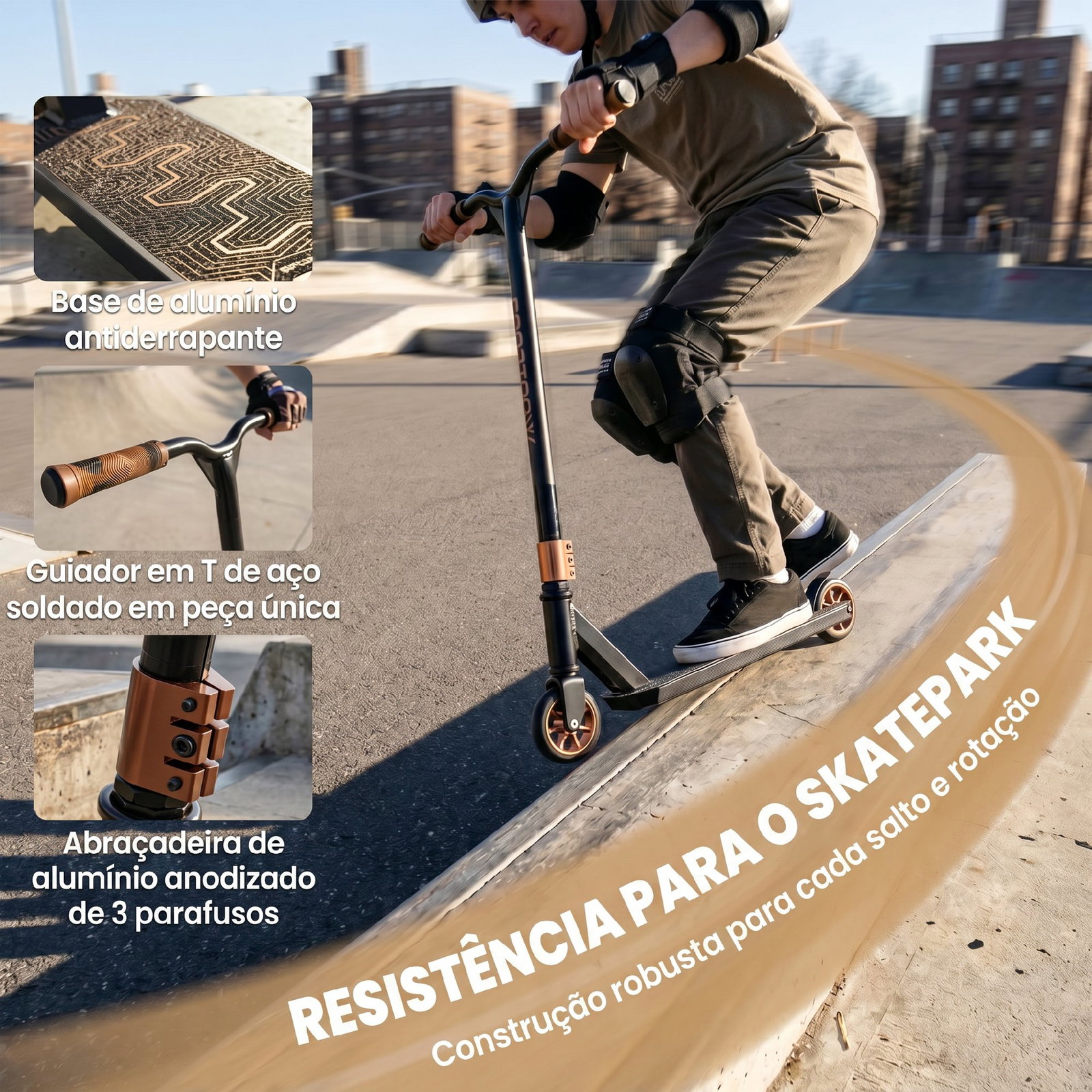 Trotinete acrobática com guiador 360° rolamentos abec-9 rodas de pu de 120 mm estrutura de alumínio 66x47x81 cm dourado