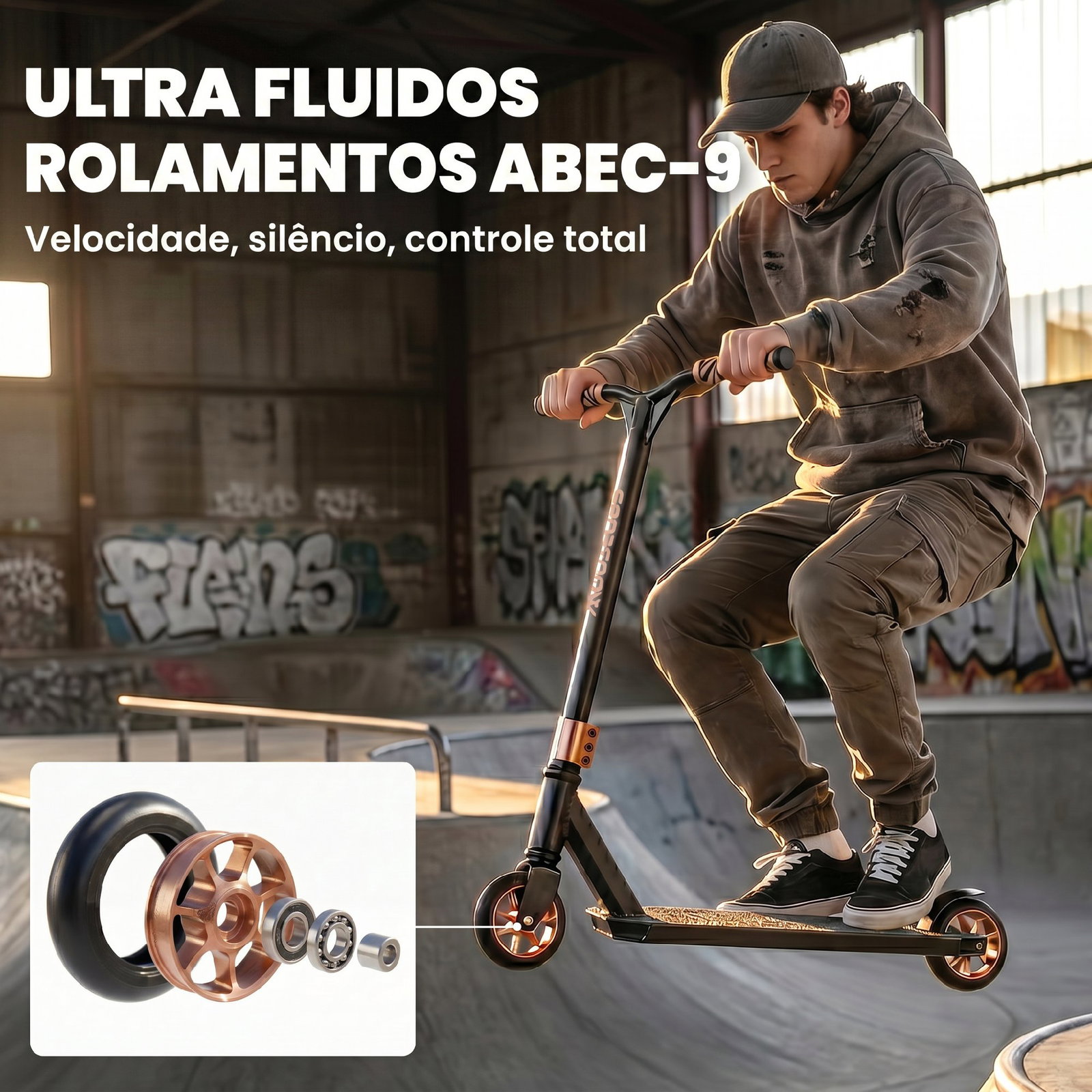 Trotinete acrobática com guiador 360° rolamentos abec-9 rodas de pu de 120 mm estrutura de alumínio 66x47x81 cm dourado