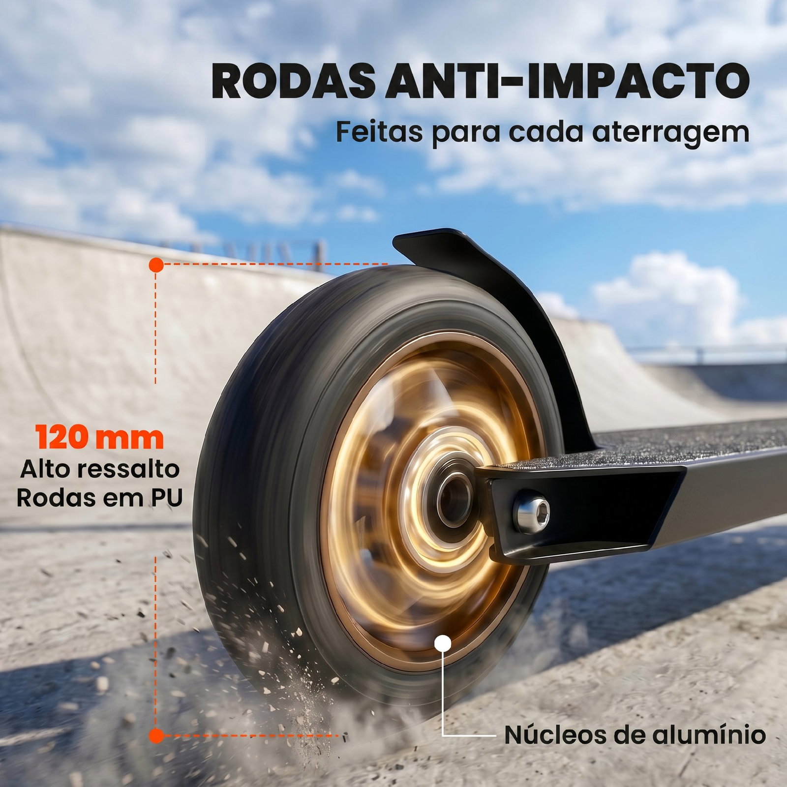 Trotinete acrobática com guiador 360° rolamentos abec-9 rodas de pu de 120 mm estrutura de alumínio 66x47x81 cm dourado