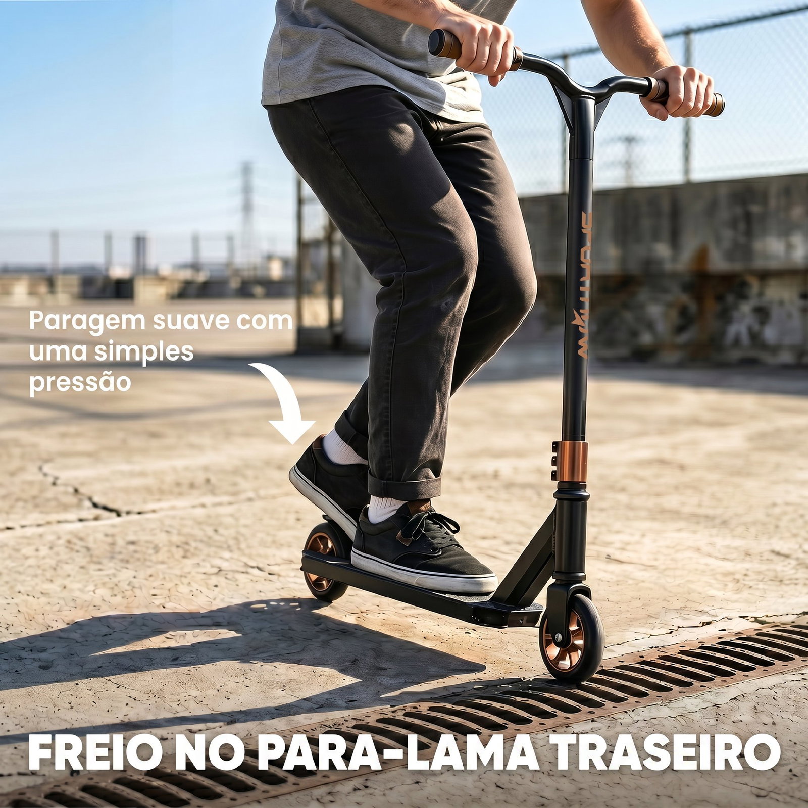 Trotinete acrobática com guiador 360° rolamentos abec-9 rodas de pu de 120 mm estrutura de alumínio 66x47x81 cm dourado