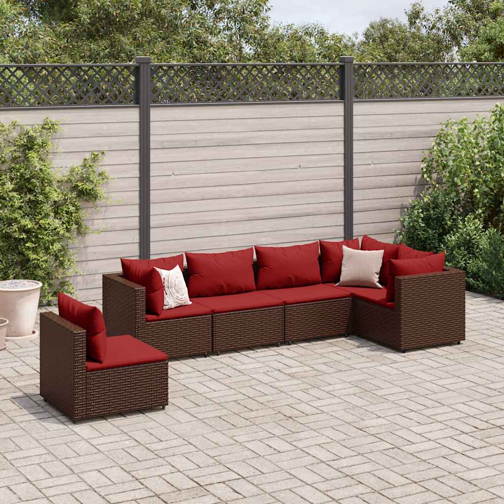 6 Pcs conj. lounge jardim c/ almofadões 6 pcs vime PE castanho