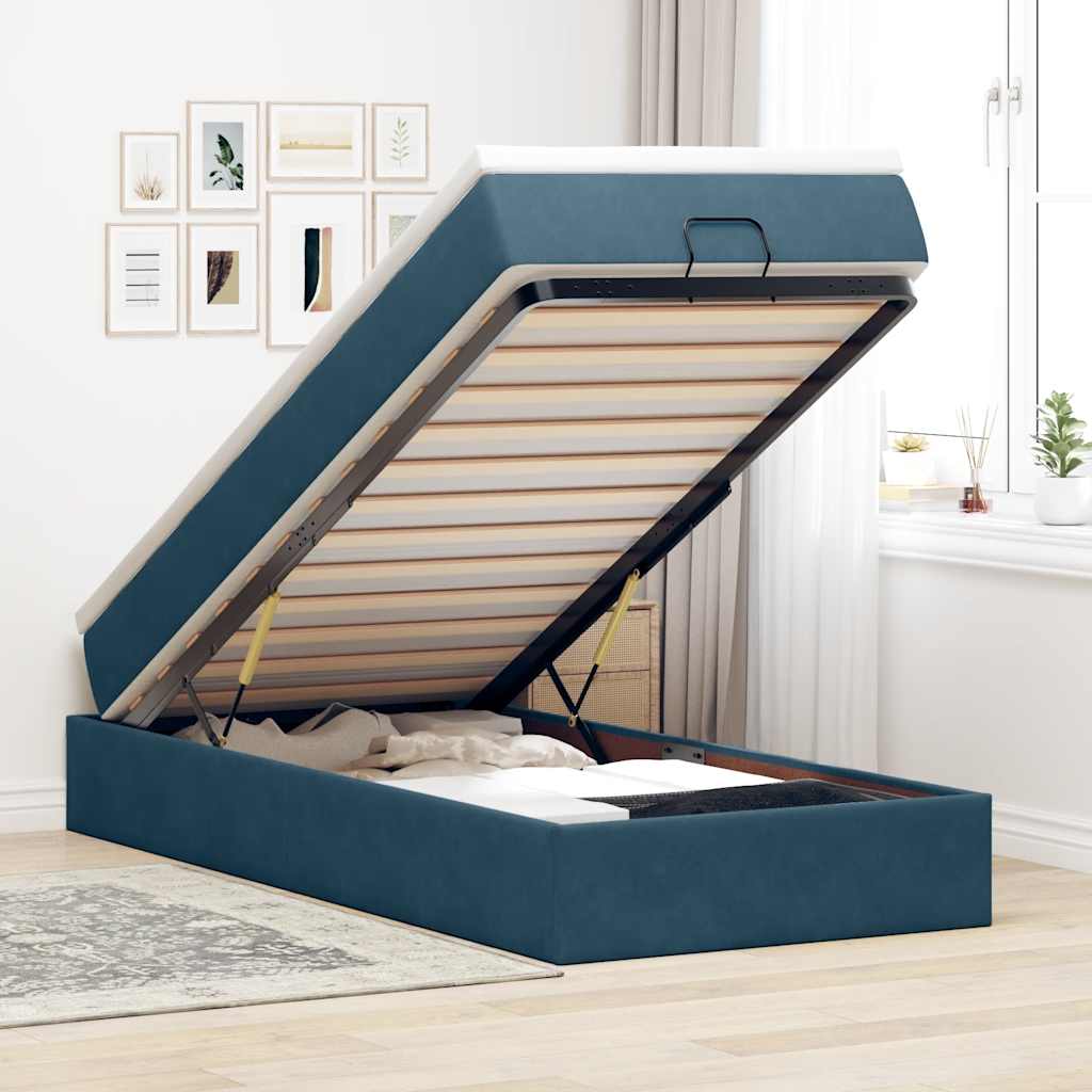 Estrutura de cama otomana com colchão azul escuro veludo