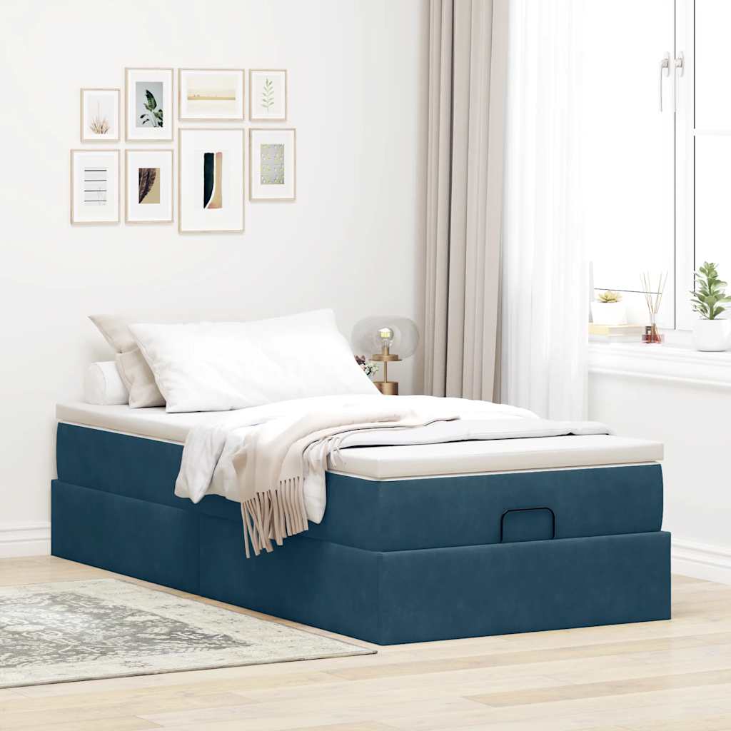 Estrutura de cama otomana com colchão azul escuro veludo