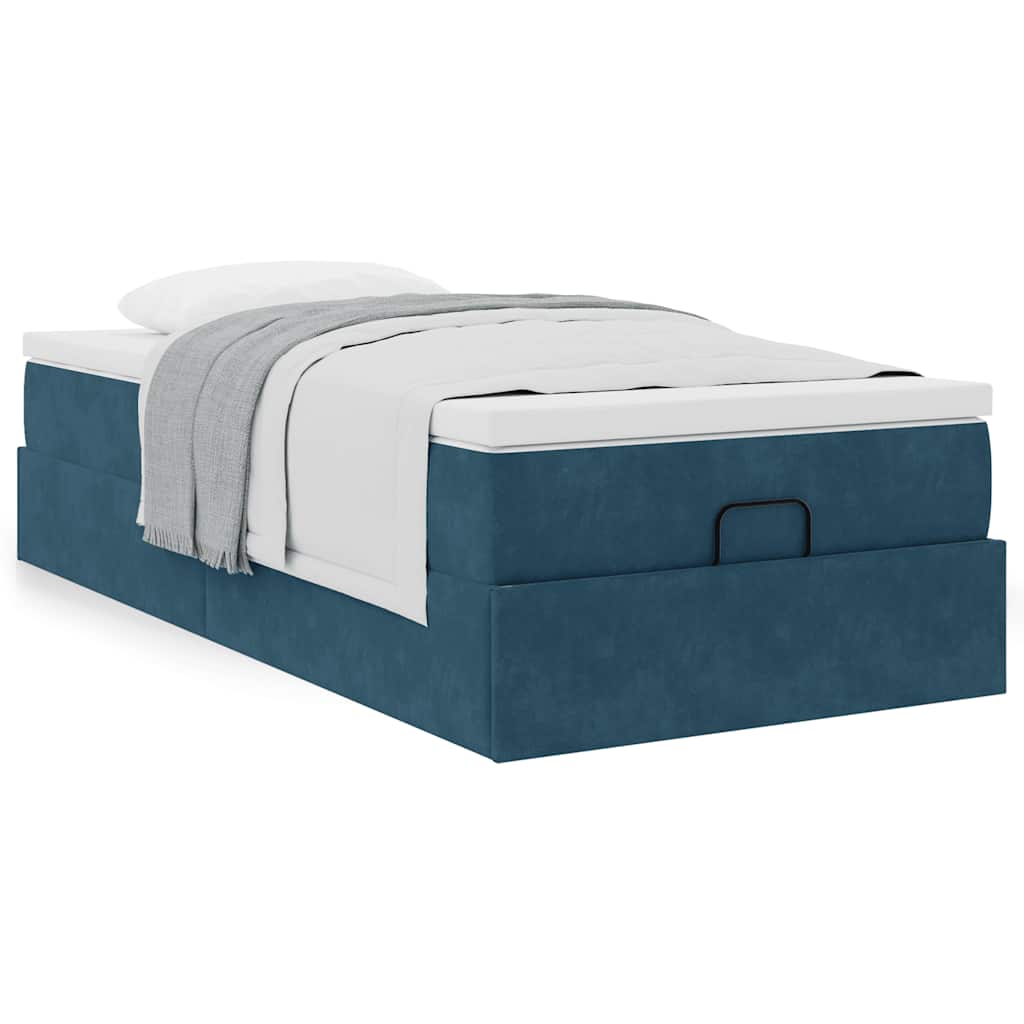 Estrutura de cama otomana com colchão azul escuro veludo