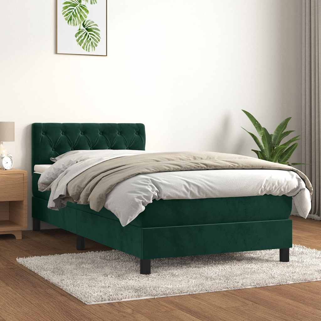 Cama com molas/colchão 90x200 cm veludo verde-escuro