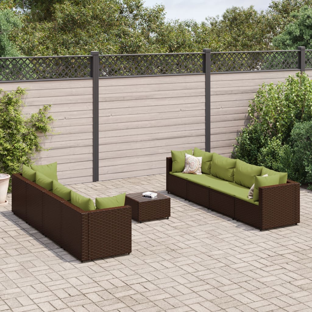 9 Pcs conjunto lounge jardim c/ almofadões vime PE castanho