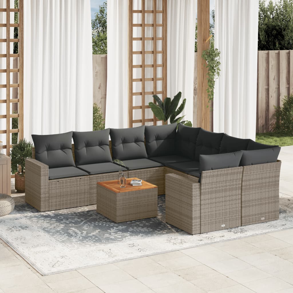 9 Pcs conjunto sofás p/ jardim com almofadões vime PE cinzento