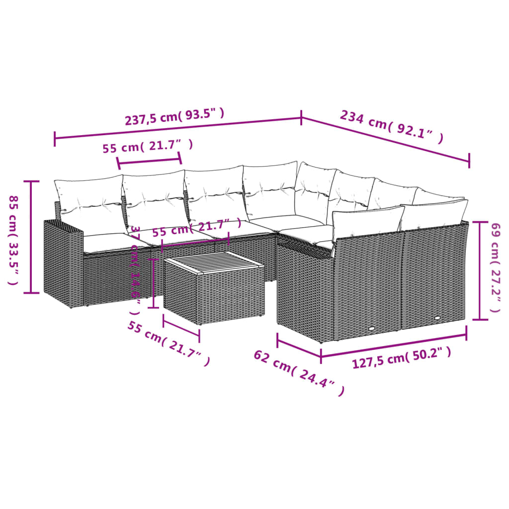 9 Pcs conjunto sofás p/ jardim com almofadões vime PE cinzento