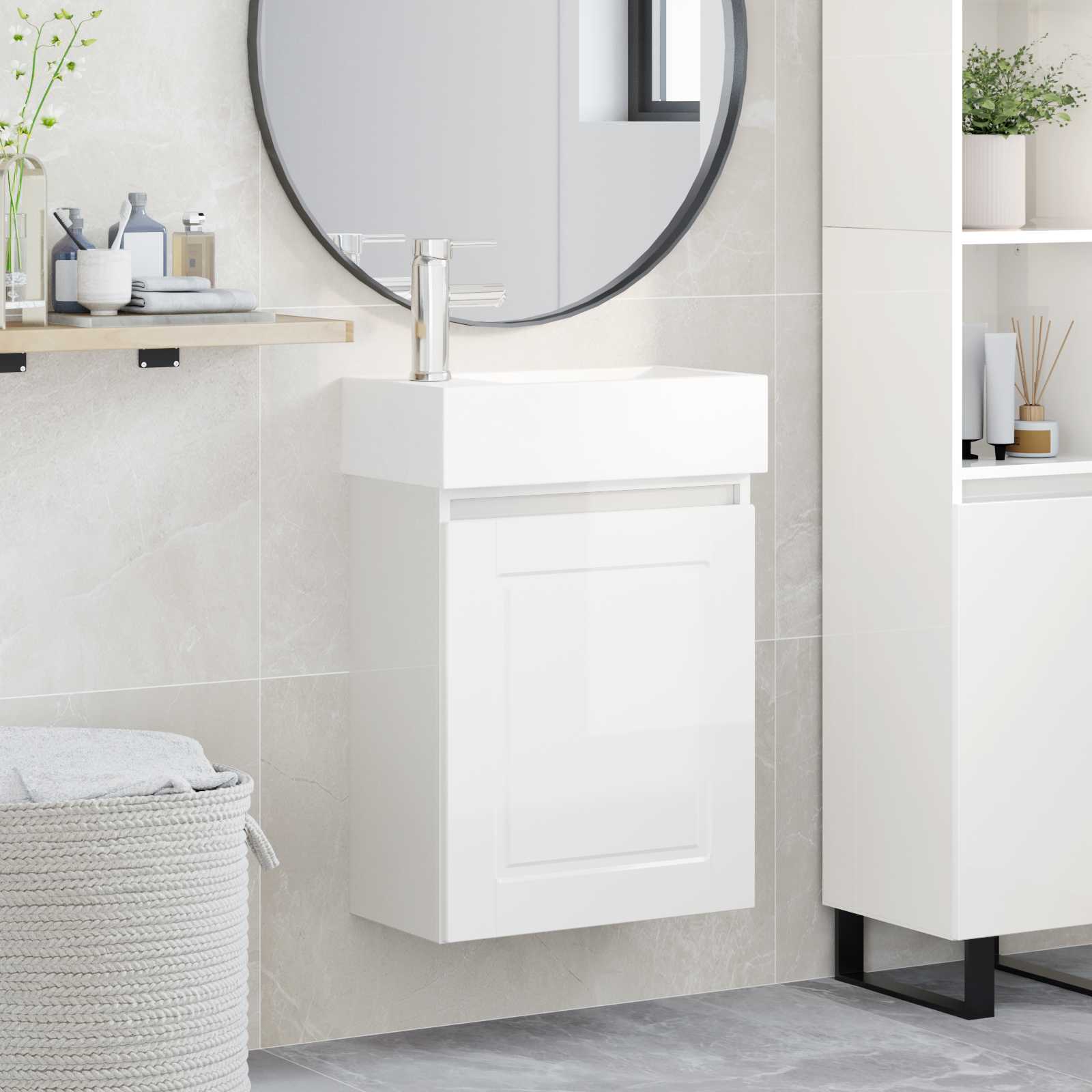 Conjunto de móveis de banheiro com torneira branco brilhante