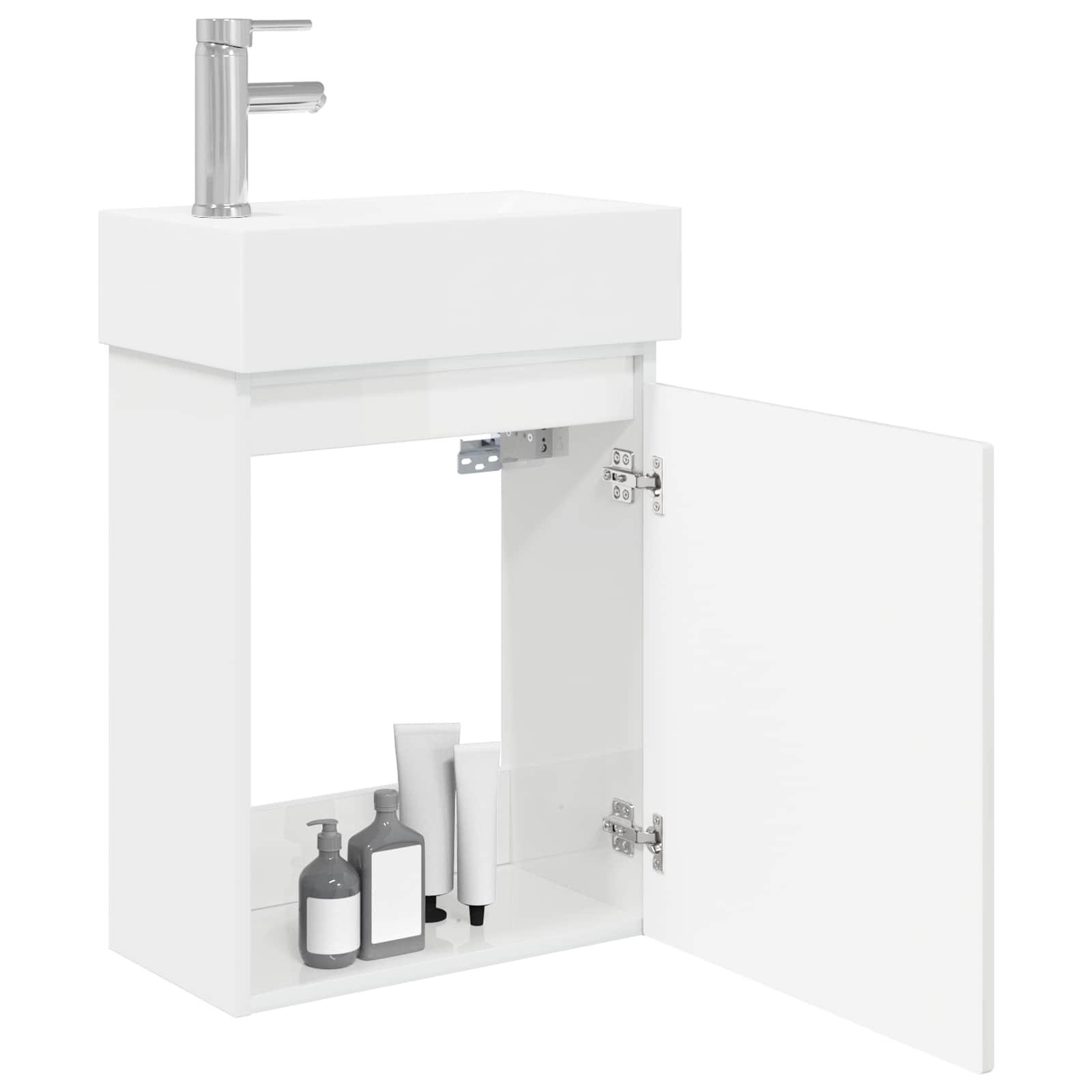 Conjunto de móveis de banheiro com torneira branco brilhante