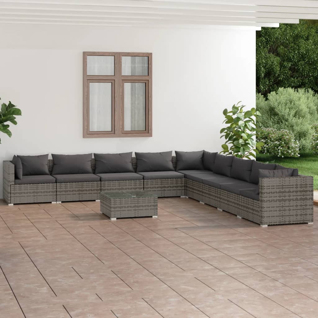 10 Pcs conjunto lounge de jardim c/ almofadões vime PE cinzento