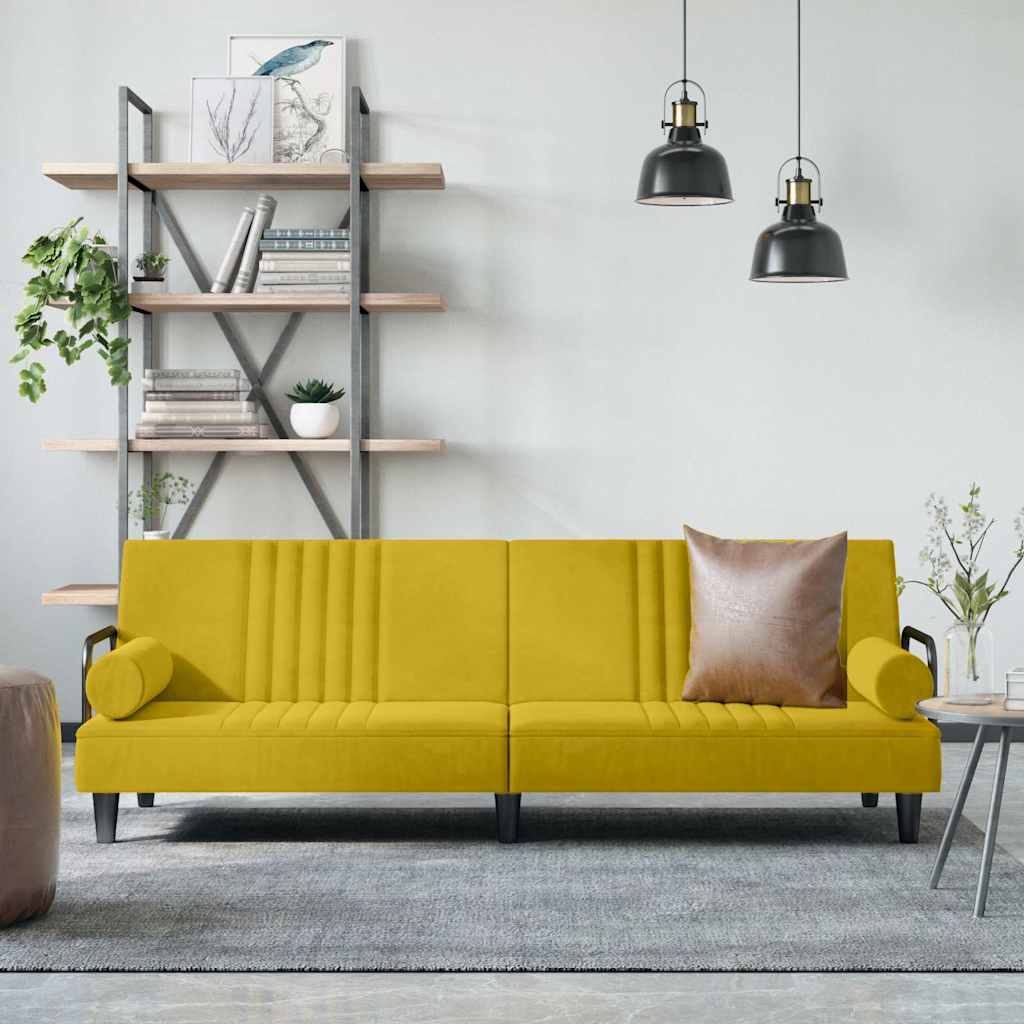 Sofá-cama com apoio de braços veludo amarelo
