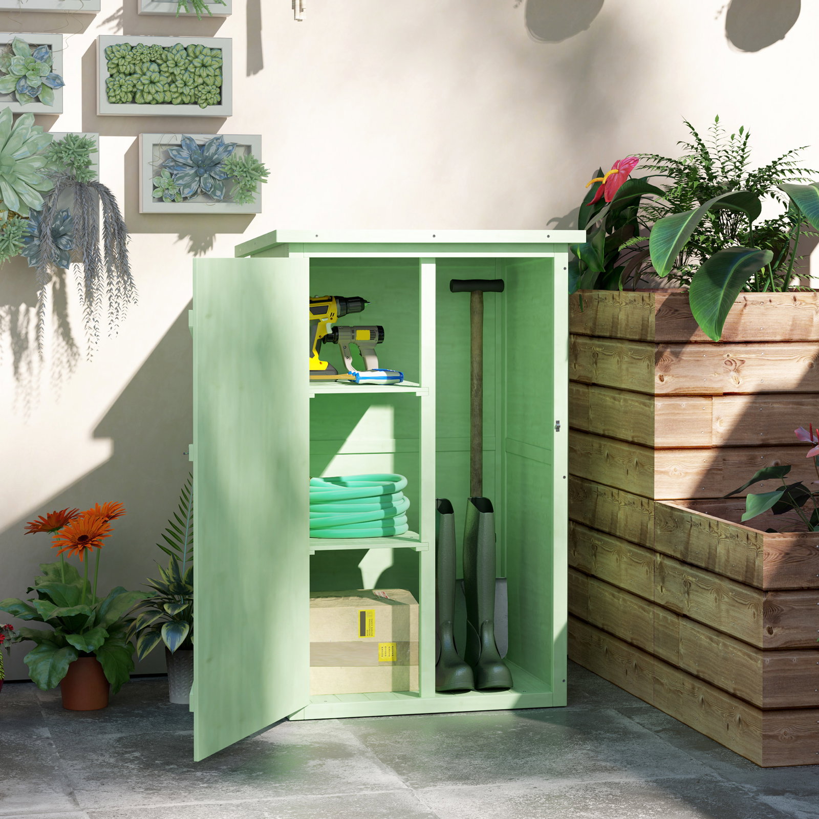 Armário de jardim em madeira para exterior com 2 prateleiras e telhado de asfalto 75x56x115 cm verde