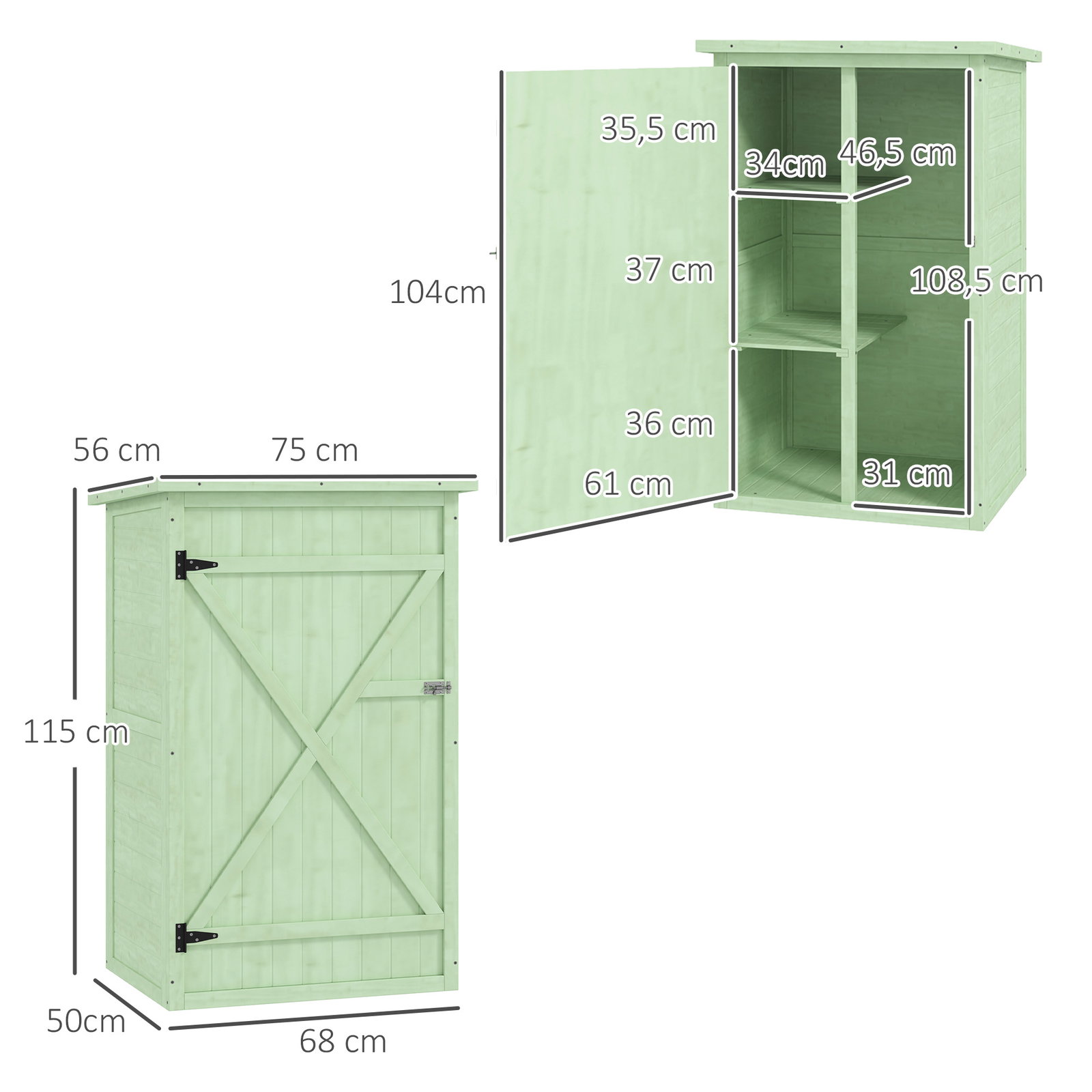 Armário de jardim em madeira para exterior com 2 prateleiras e telhado de asfalto 75x56x115 cm verde