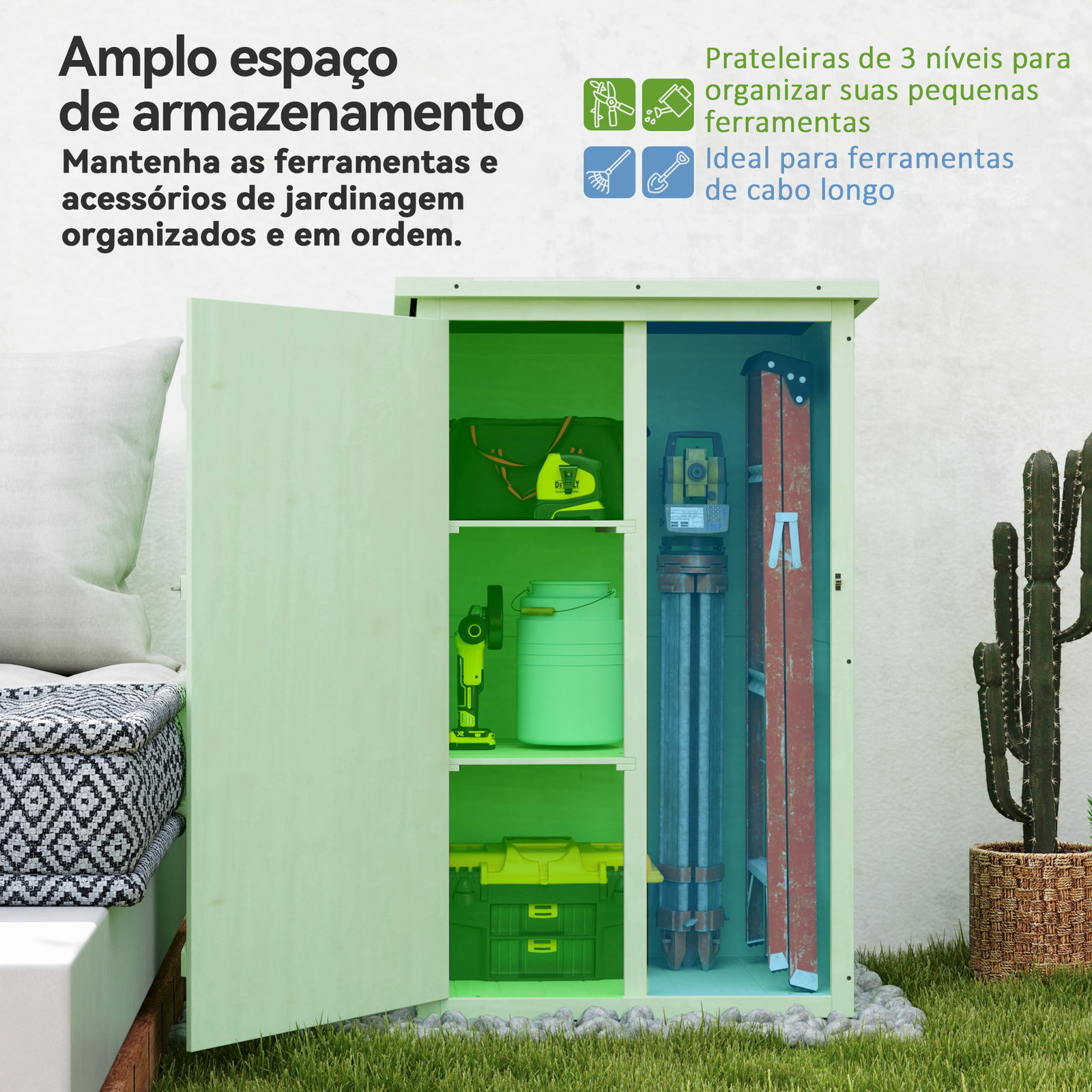 Armário de jardim em madeira para exterior com 2 prateleiras e telhado de asfalto 75x56x115 cm verde
