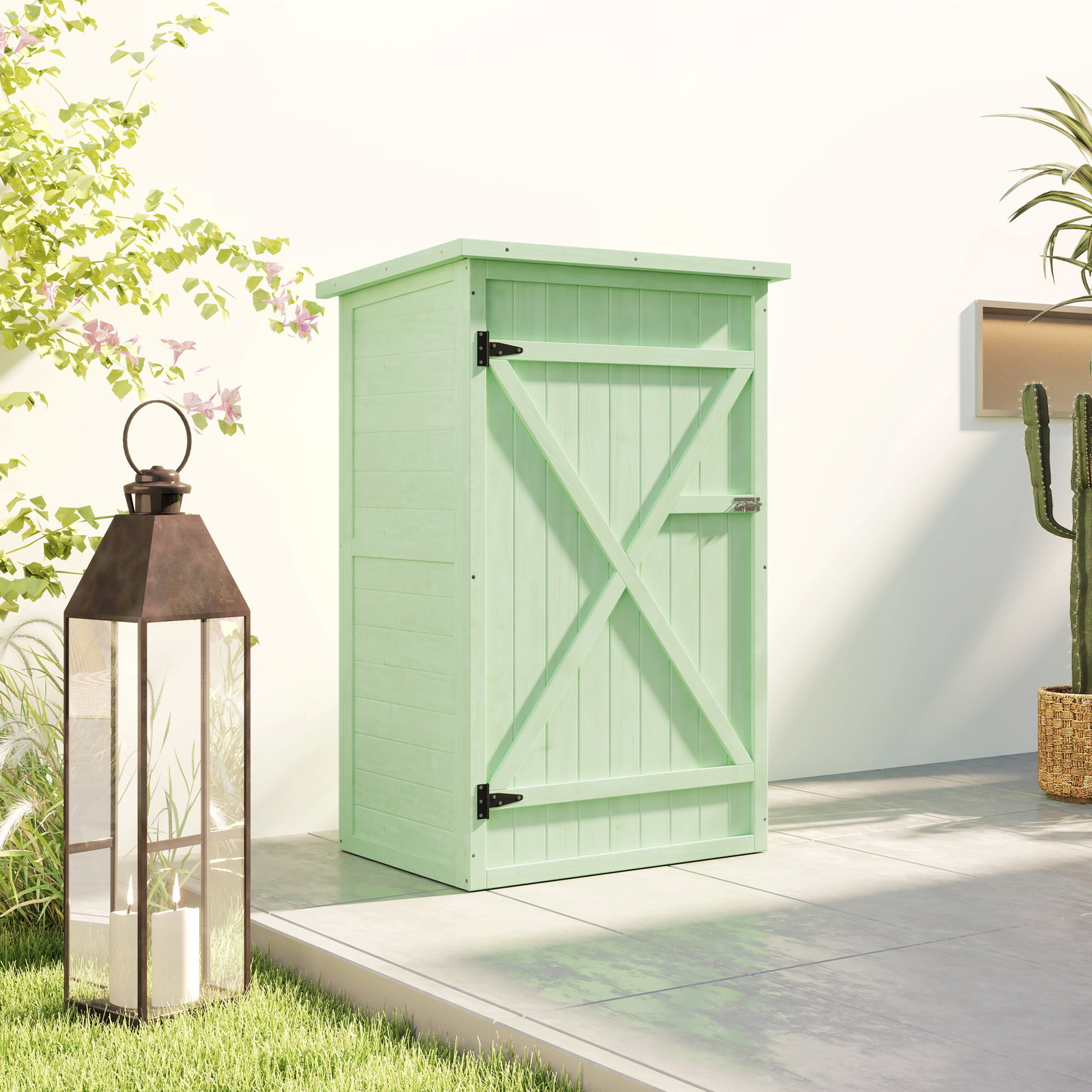 Armário de jardim em madeira para exterior com 2 prateleiras e telhado de asfalto 75x56x115 cm verde