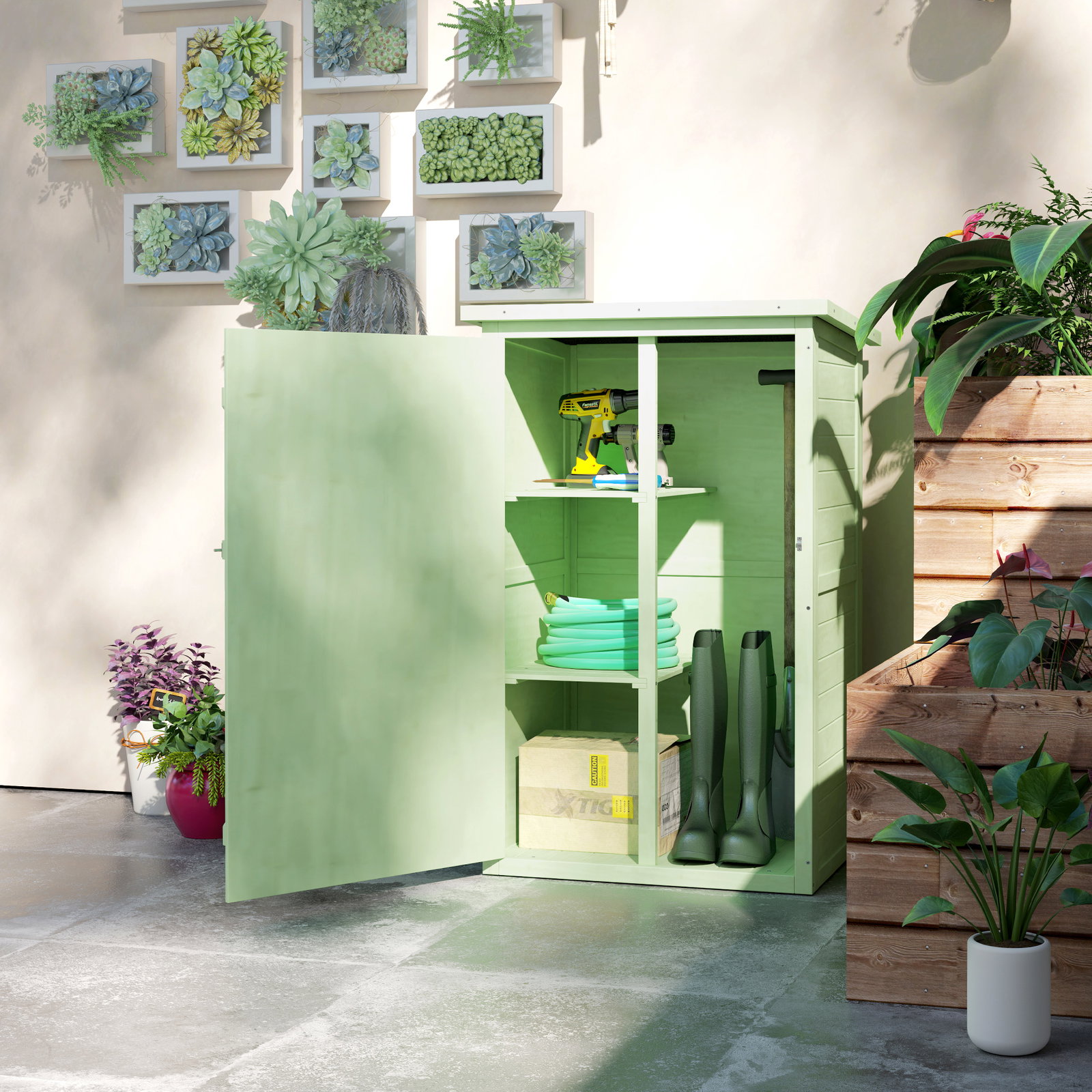 Armário de jardim em madeira para exterior com 2 prateleiras e telhado de asfalto 75x56x115 cm verde
