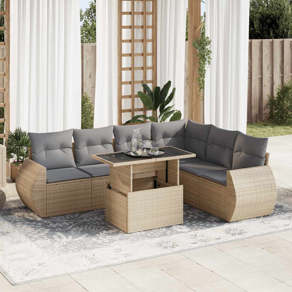 7 Pcs conjunto de sofás p/ jardim com almofadões vime PE bege