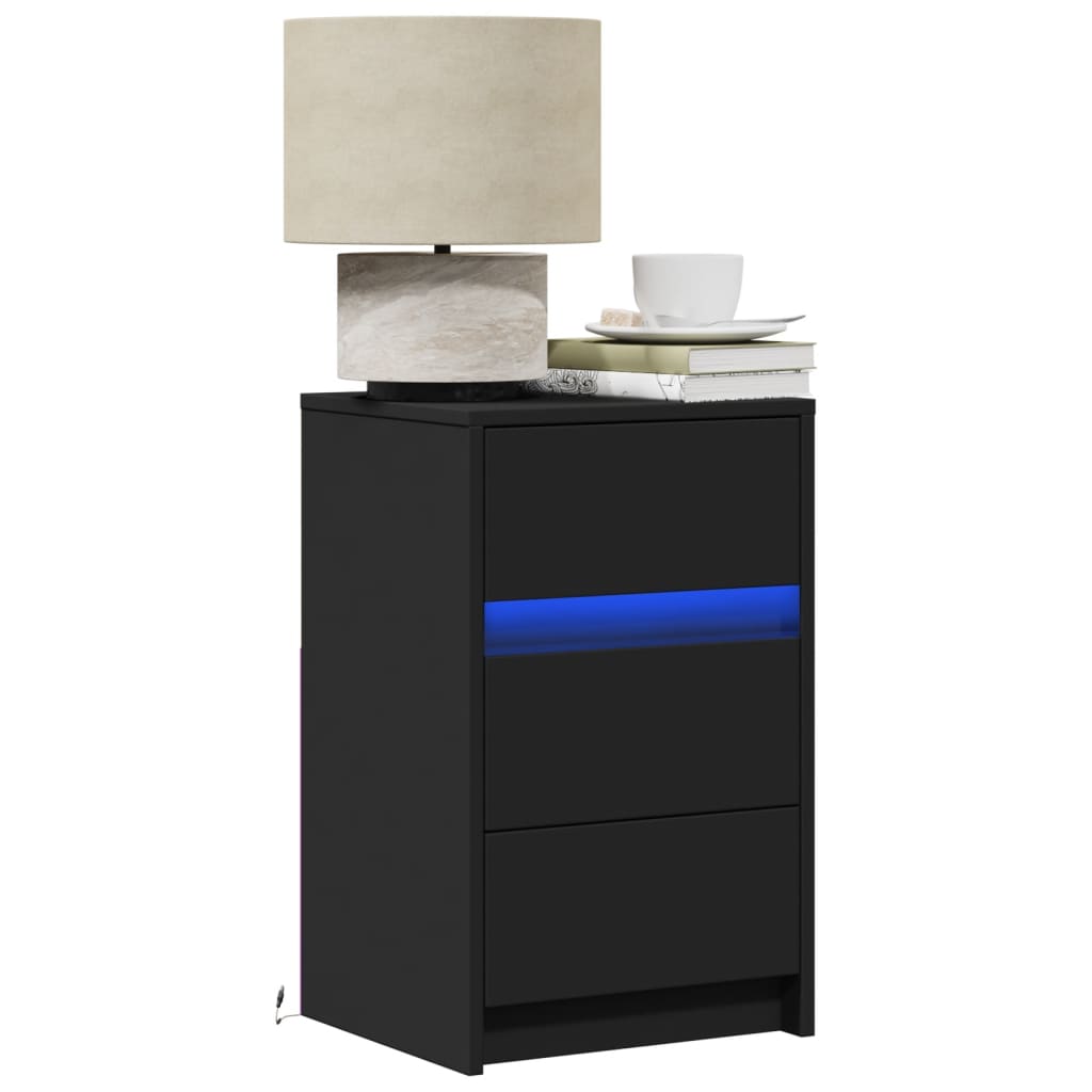 Mesa de cabeceira com luzes LED derivados de madeira preto