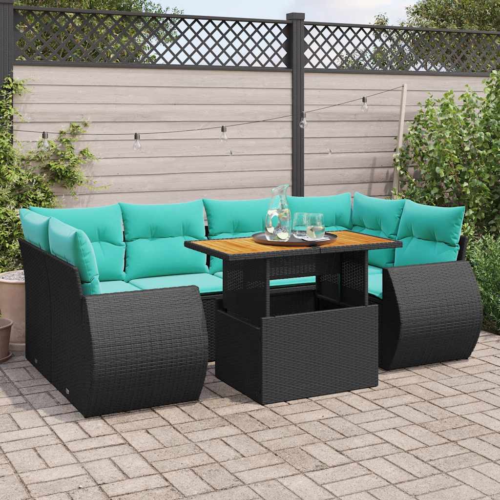 7 Pcs conjunto de sofás p/ jardim c/ almofadões vime PE preto