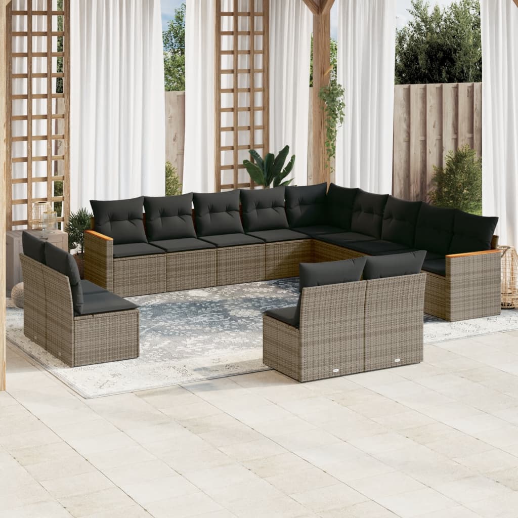 13 Pcs conjunto sofás p/ jardim c/ almofadões vime PE cinzento