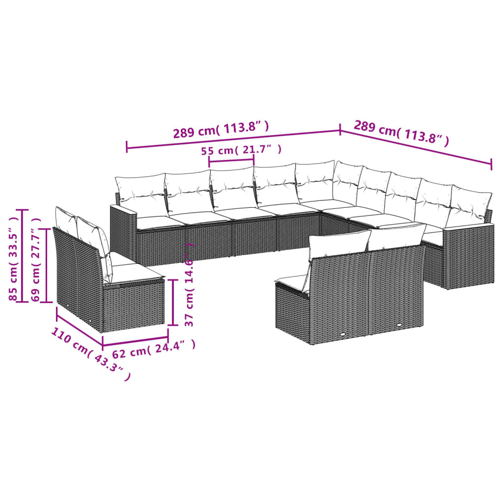 13 Pcs conjunto sofás p/ jardim c/ almofadões vime PE cinzento