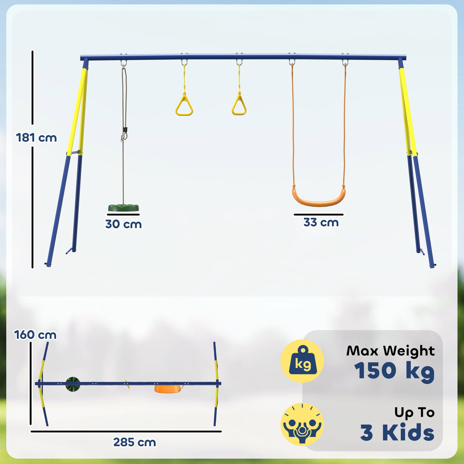Baloiço infantil 3 em 1 com argolas de ginástica para crianças dos 3 aos 8 anos 285x160x181 cm multicolor