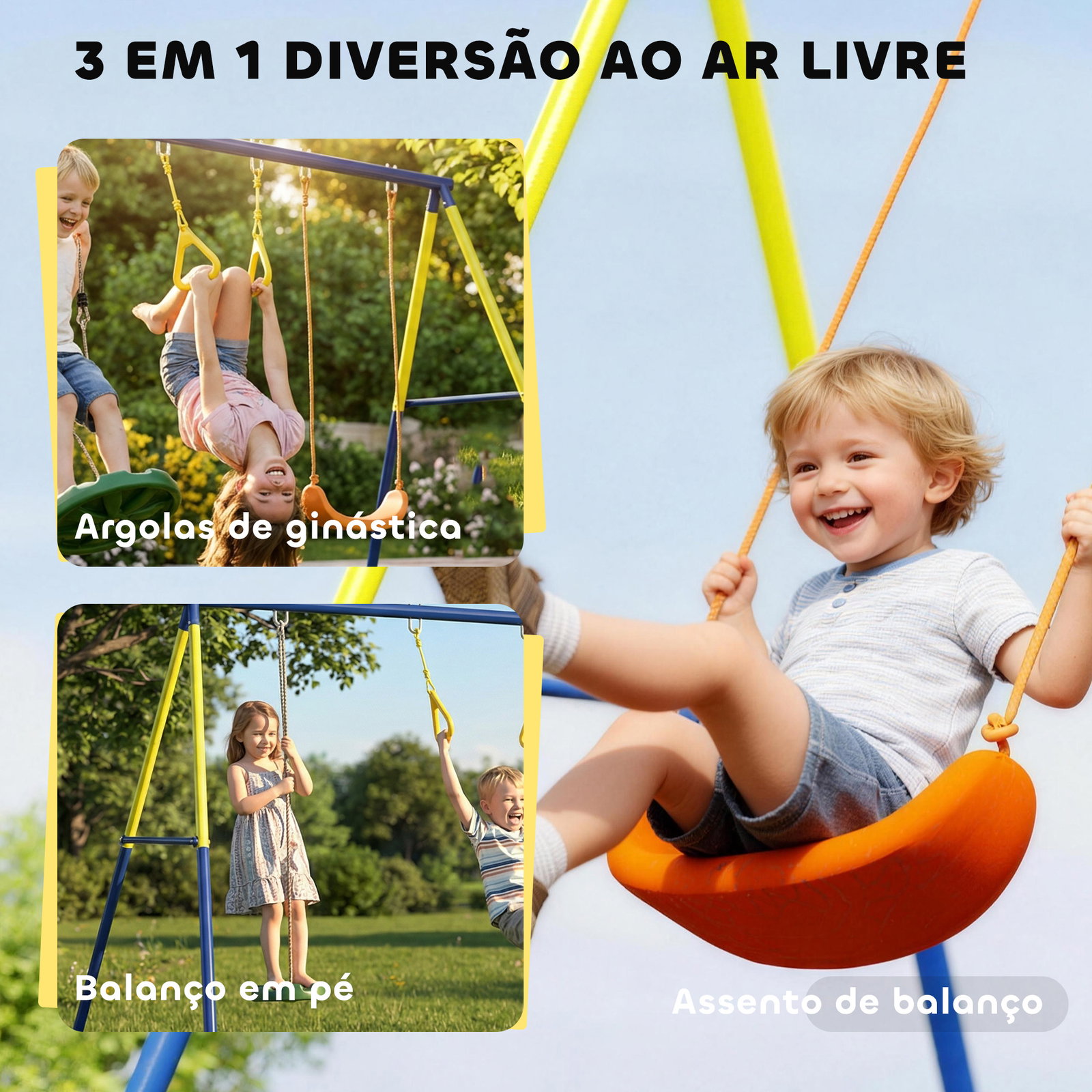 Baloiço infantil 3 em 1 com argolas de ginástica para crianças dos 3 aos 8 anos 285x160x181 cm multicolor