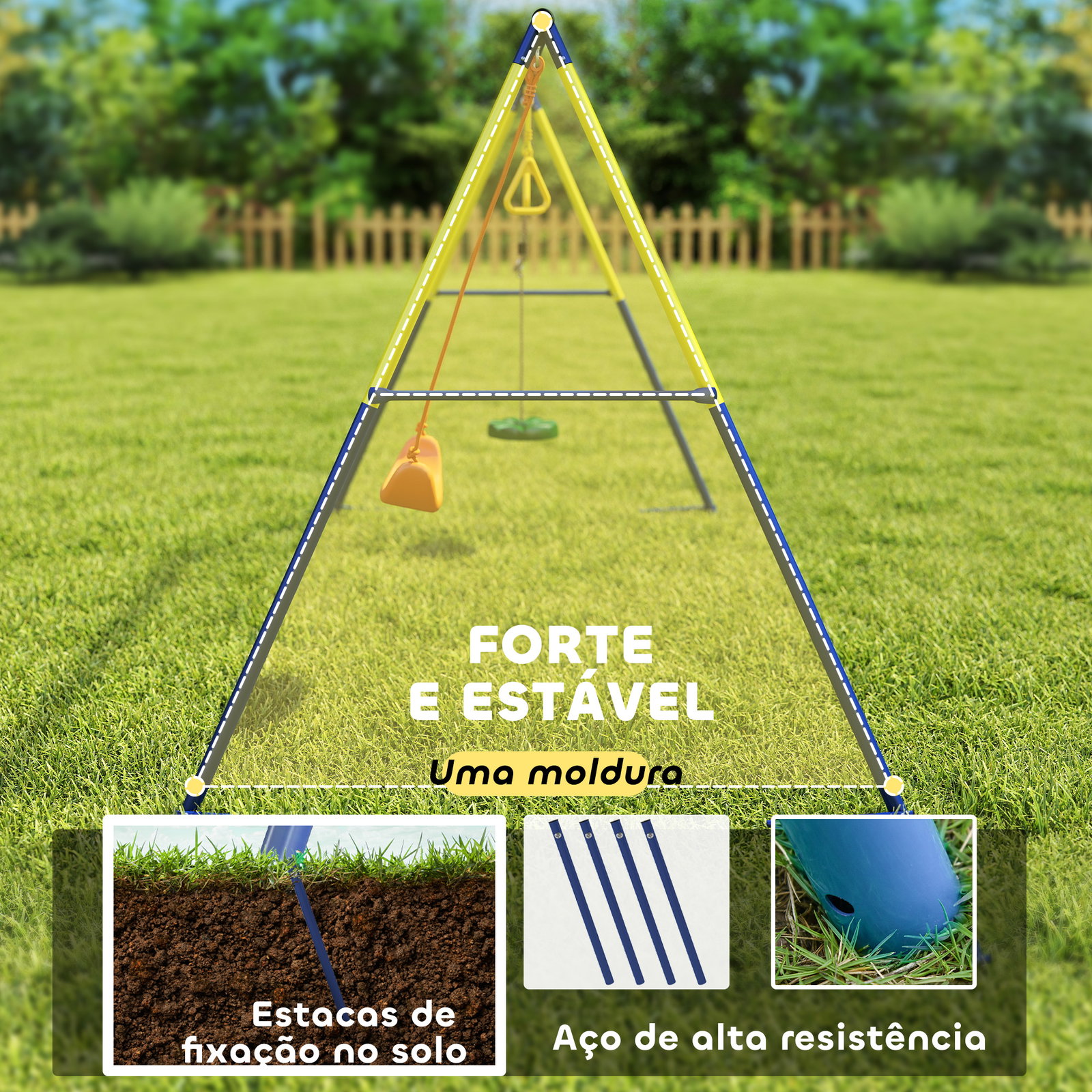 Baloiço infantil 3 em 1 com argolas de ginástica para crianças dos 3 aos 8 anos 285x160x181 cm multicolor