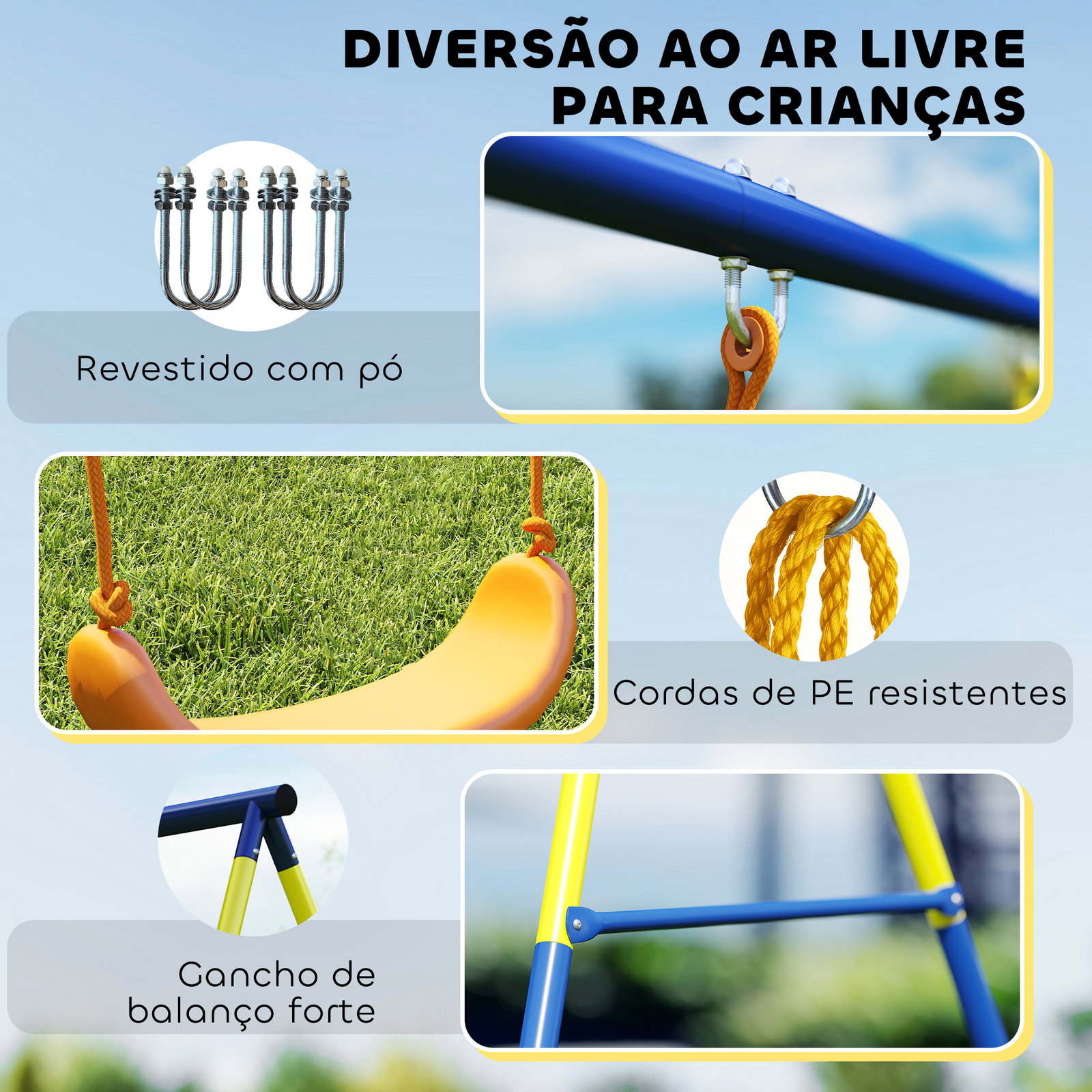Baloiço infantil 3 em 1 com argolas de ginástica para crianças dos 3 aos 8 anos 285x160x181 cm multicolor
