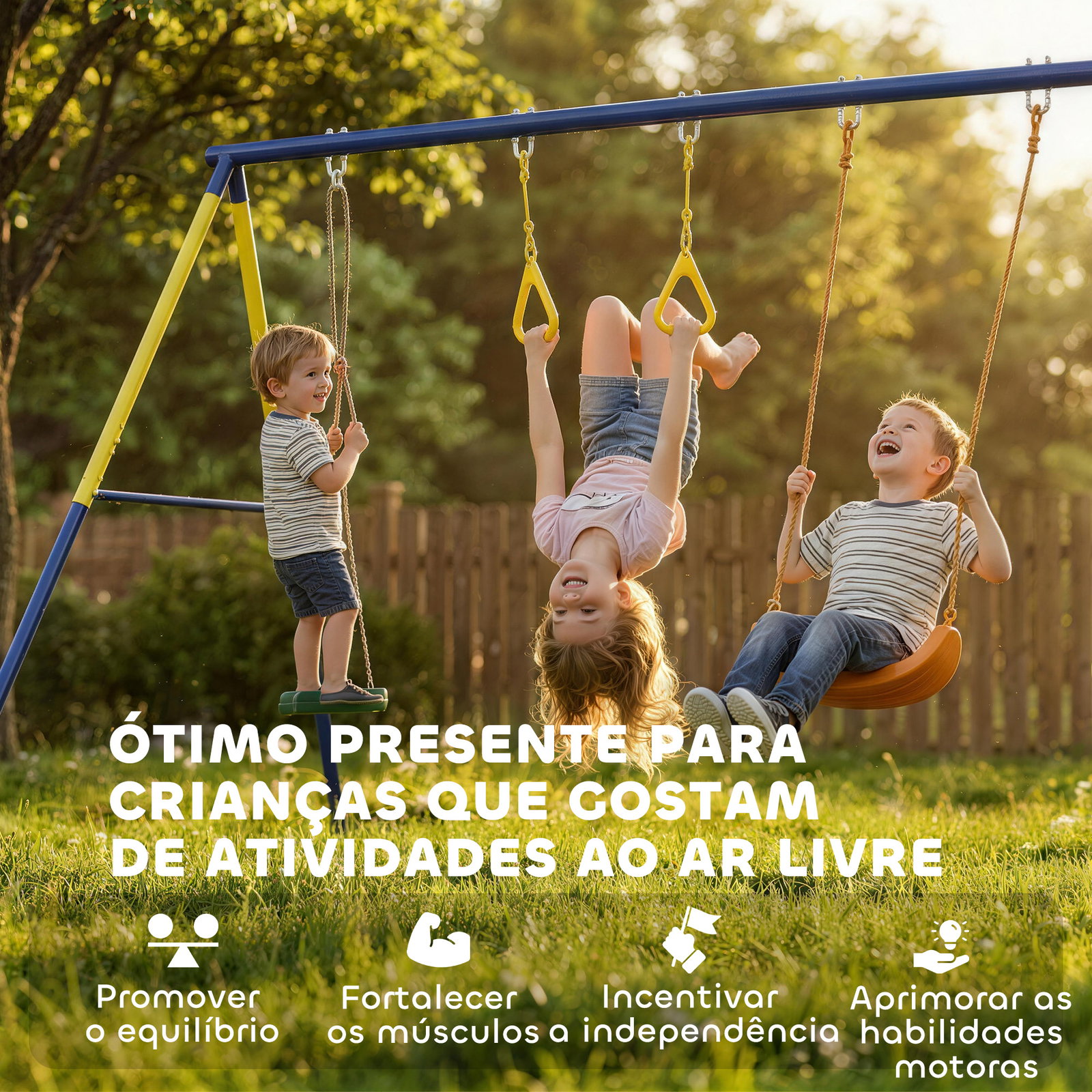 Baloiço infantil 3 em 1 com argolas de ginástica para crianças dos 3 aos 8 anos 285x160x181 cm multicolor