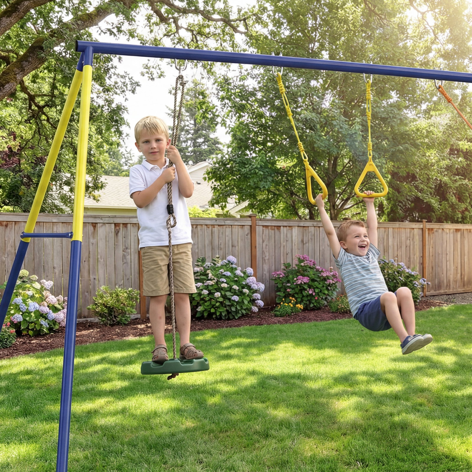 Baloiço infantil 3 em 1 com argolas de ginástica para crianças dos 3 aos 8 anos 285x160x181 cm multicolor