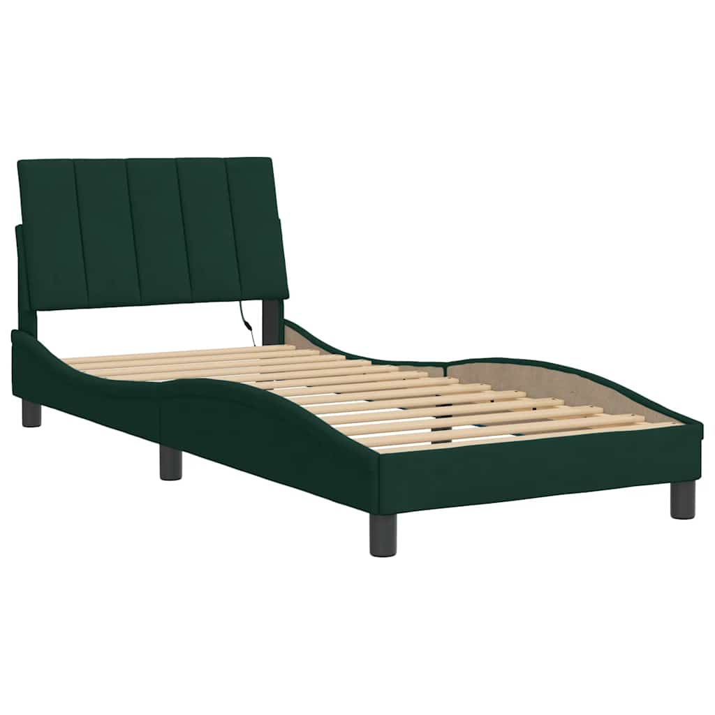 Estrutura de cama com LED sem colchão hanko 90x190 cm veludo verde-escuro