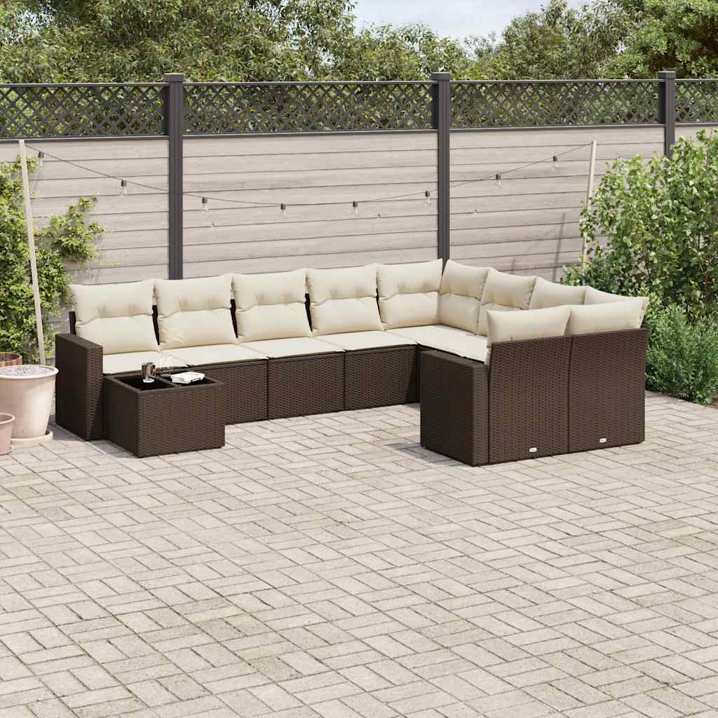 10 Pcs conj. sofás jardim com almofadões vime PE castanho