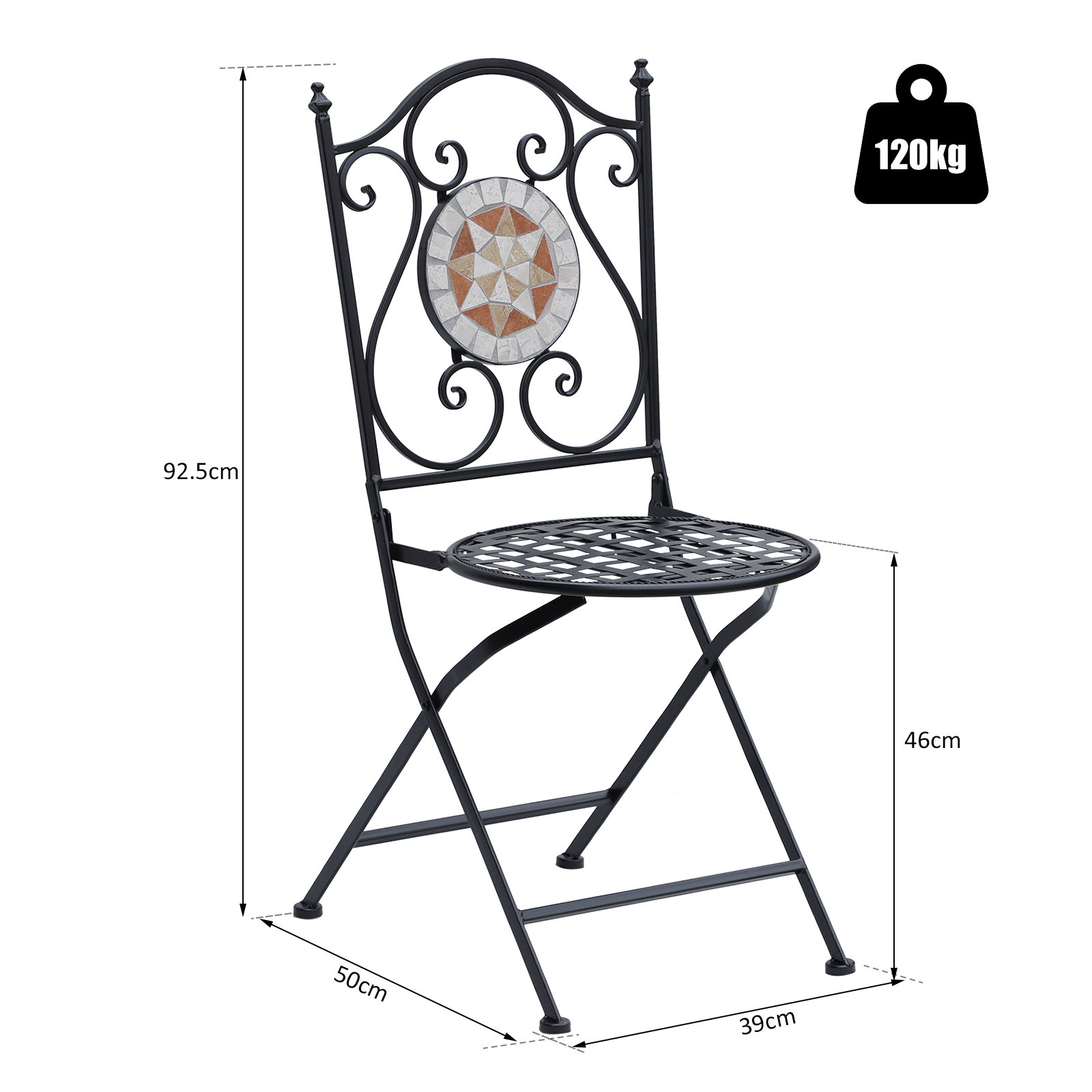 Conjunto de 2 Cadeiras Dobráveis de Jardim Cadeiras com Mosaico Carga Máxima 120 kg 50x40x94,5 cm Preto