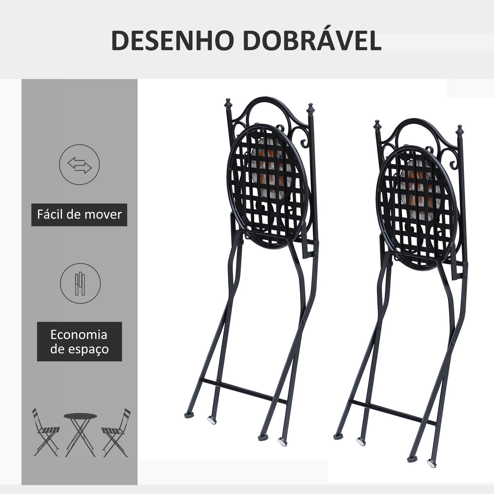 Conjunto de 2 Cadeiras Dobráveis de Jardim Cadeiras com Mosaico Carga Máxima 120 kg 50x40x94,5 cm Preto