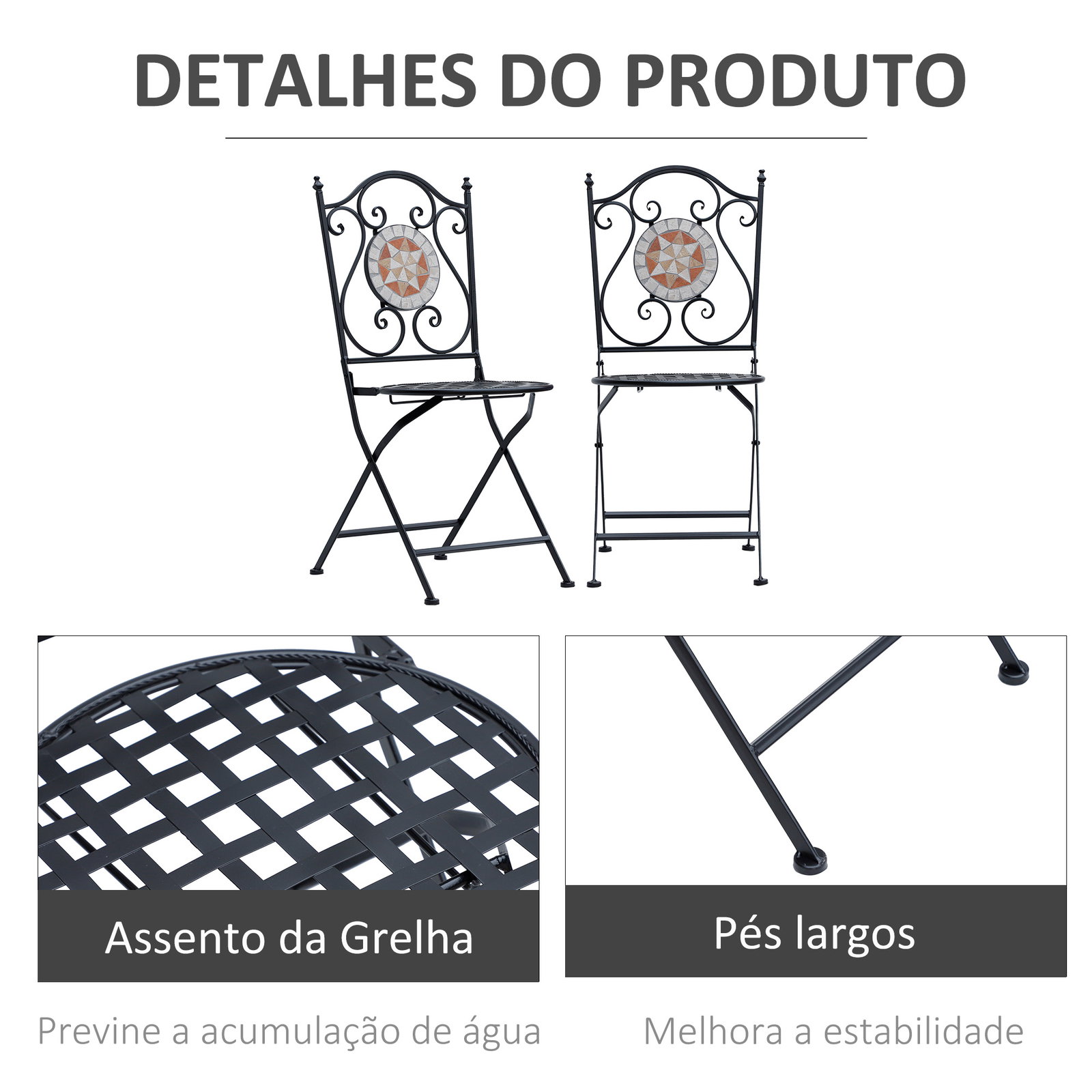 Conjunto de 2 Cadeiras Dobráveis de Jardim Cadeiras com Mosaico Carga Máxima 120 kg 50x40x94,5 cm Preto