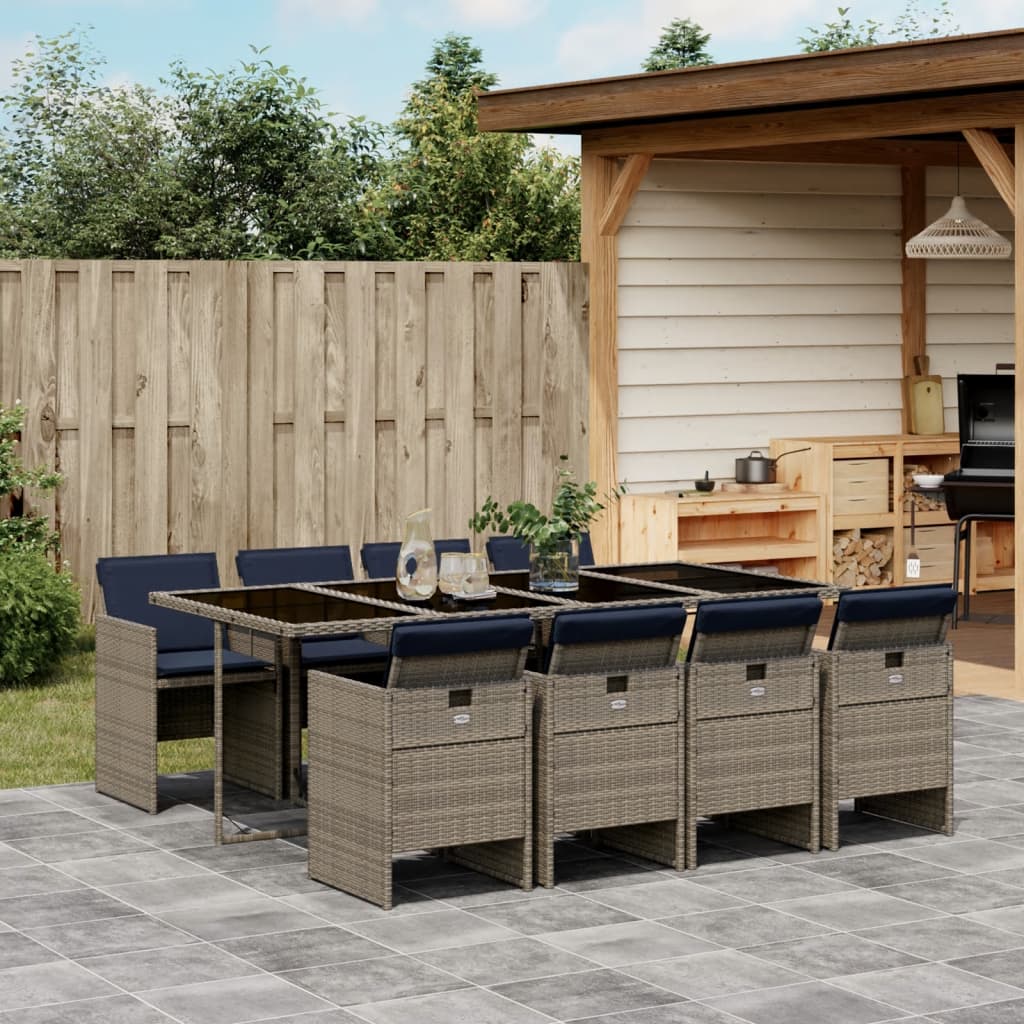 Conjunto de jantar para jardim de 9 peças com almofadas, em rattan sintético cinza