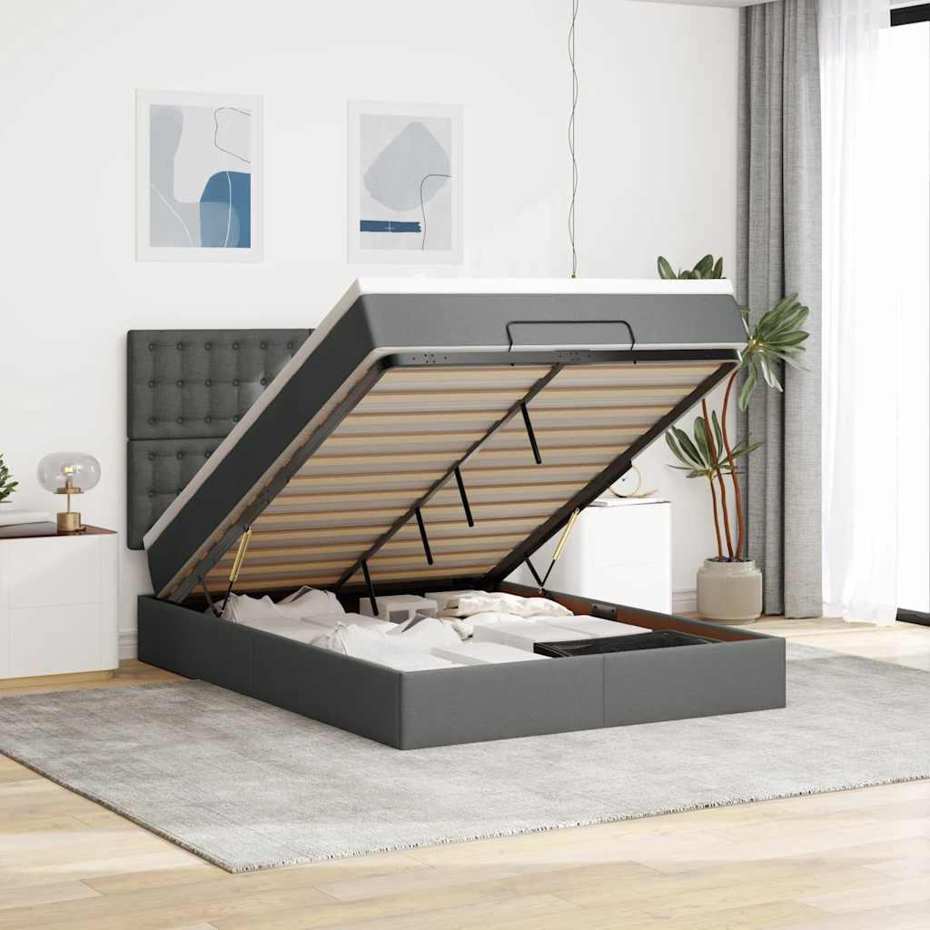 Estrutura cama otomana colchão 140x200cm tecido cinzento escuro