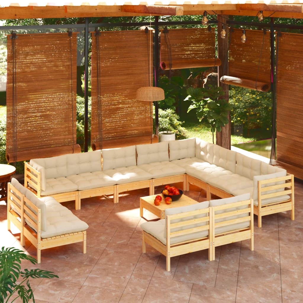 13 Pcs conjunto lounge jardim c/ almofadões creme pinho maciço