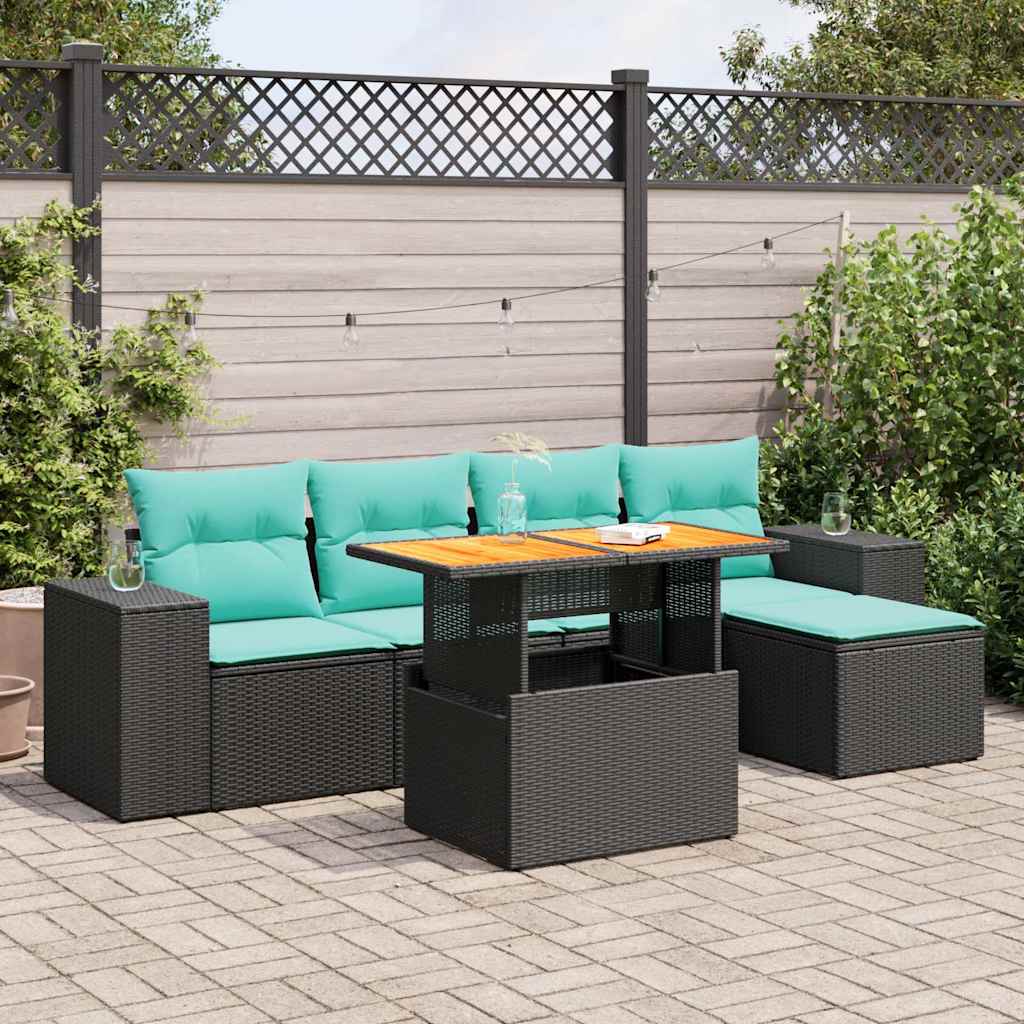 6 Pcs conjunto sofás de jardim c/ almofadões vime PE preto