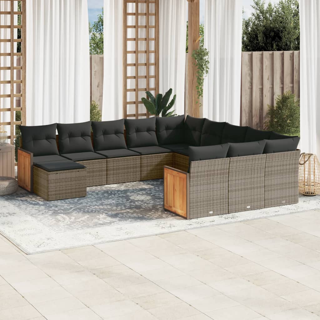 12 Pcs conjunto de sofás jardim c/ almofadões vime PE cinzento
