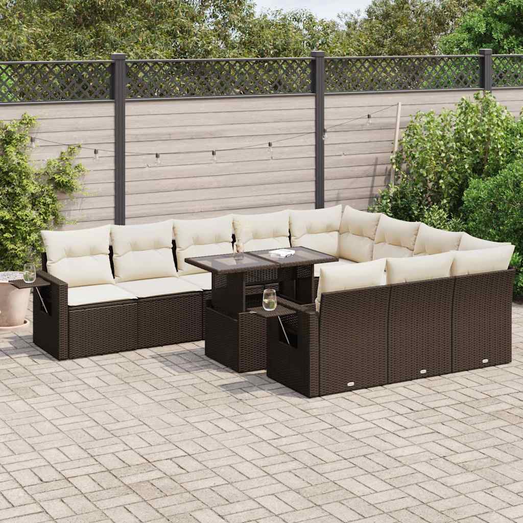 11 Pcs conjunto sofás de jardim c/ almofadões vime PE castanho