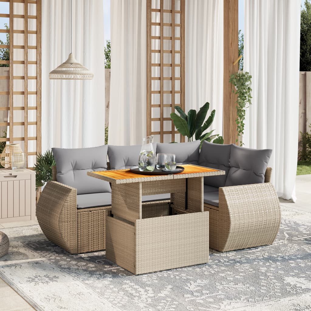 5 Pcs conjunto de sofás p/ jardim com almofadões vime PE bege